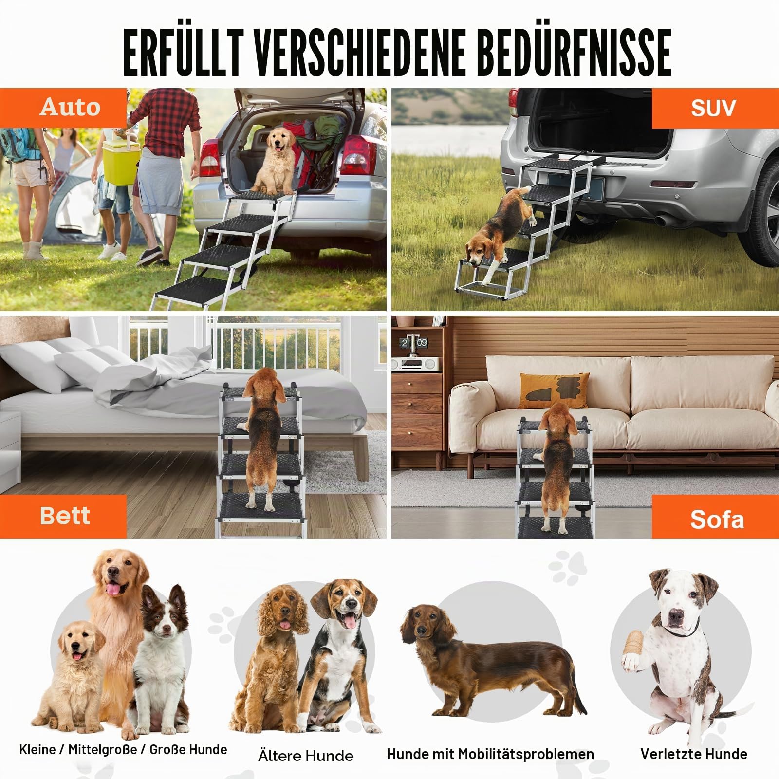 VEVOR Hundetreppe bis zu 68 kg belastbar, 4-stufige Hunderampe, zusammenklappbare Haustiertreppe mit Rutschfester Oberfläche, Einstiegshilfe Hund Auto, Treppen & Stufen für Auto, SUV und LKW