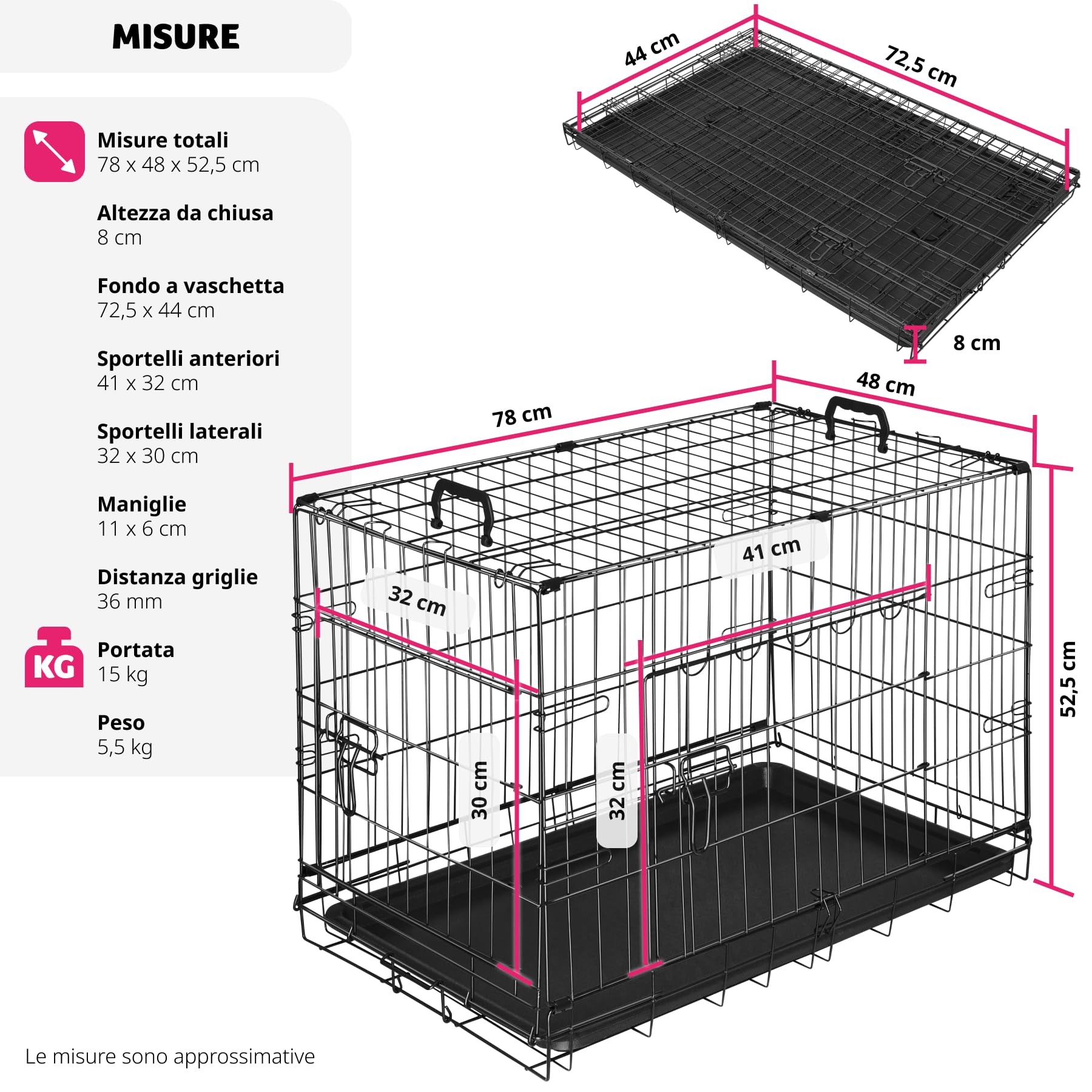 tectake® Trasportino Auto per Cani Spazioso, 78x48x52,5cm, Gabbia per cani con Griglia in Acciaio Robusta, per Gatti, Pieghevole, 2 Porte, Doppia Chiusura, Vasca Rimovibile, 2 Maniglie per Trasporto