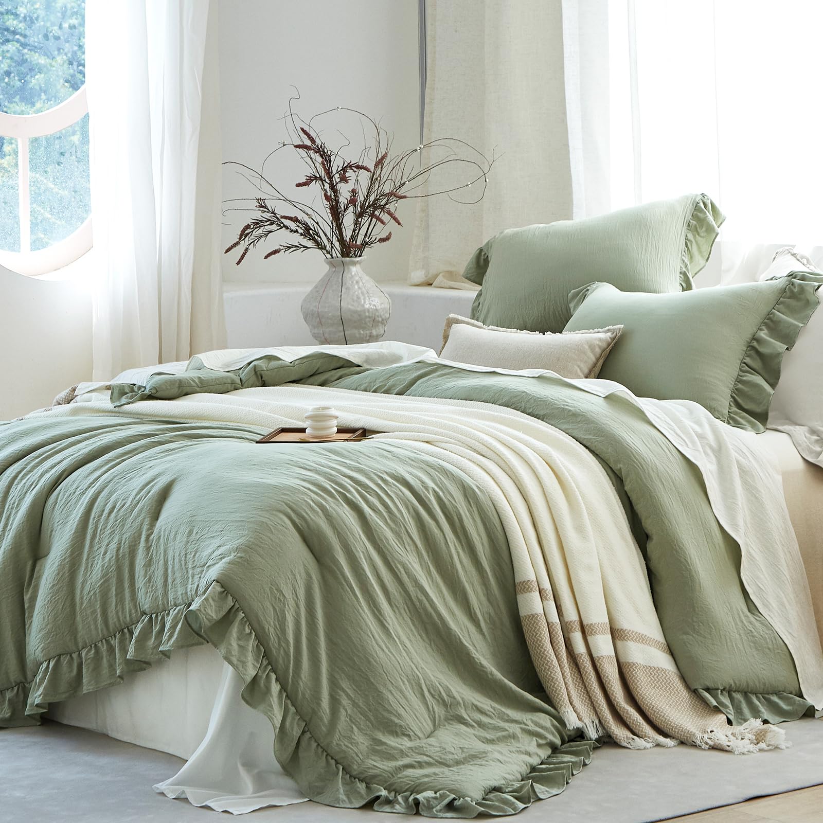 Sage Green Ruffle 2 Pieces Comforter Twin Shabby Chic Bedding Set