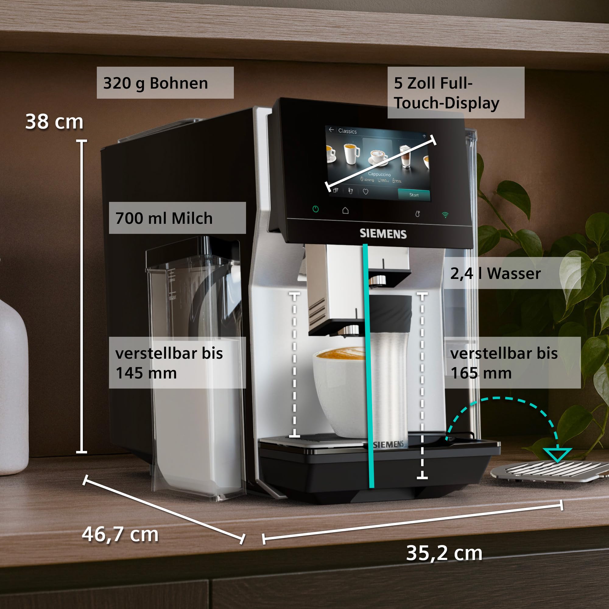 Siemens Kaffeevollautomat EQ700 iAroma, Full-Touch-Display, integrierter Milchbehälter, Tassenwärmer, Cold Brew und Slow Brew, Home Appliances App, Edelstahl schwarz, TQ727D03