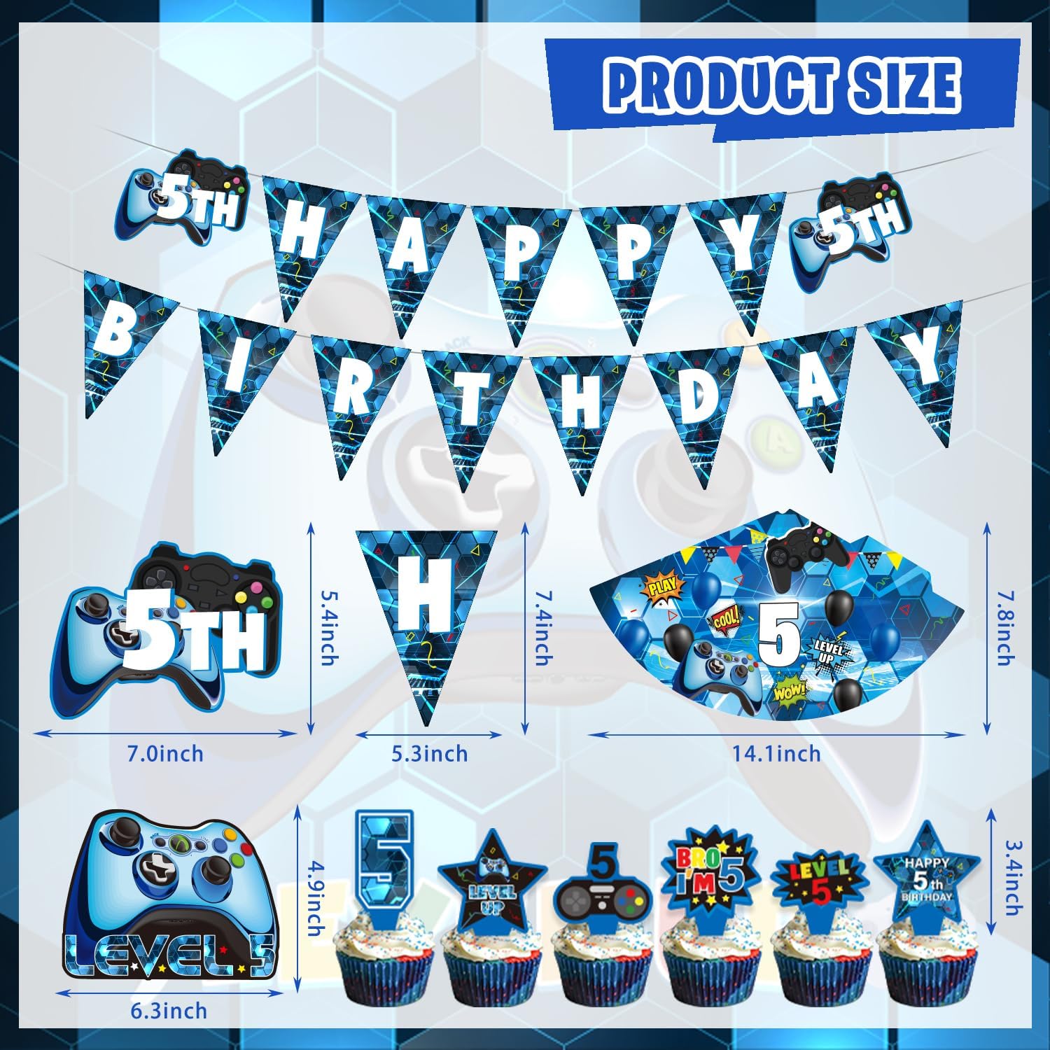 KOTLMIGHT 5th Birthday Decorations for Boys, 149Pcs Blue Video Game level 5 Party Supplies for Boy 5th Birthday - Backdrop, Banner, Balloons, Tablecloth, Centerpieces, Hanging Swirls, Wall Signs