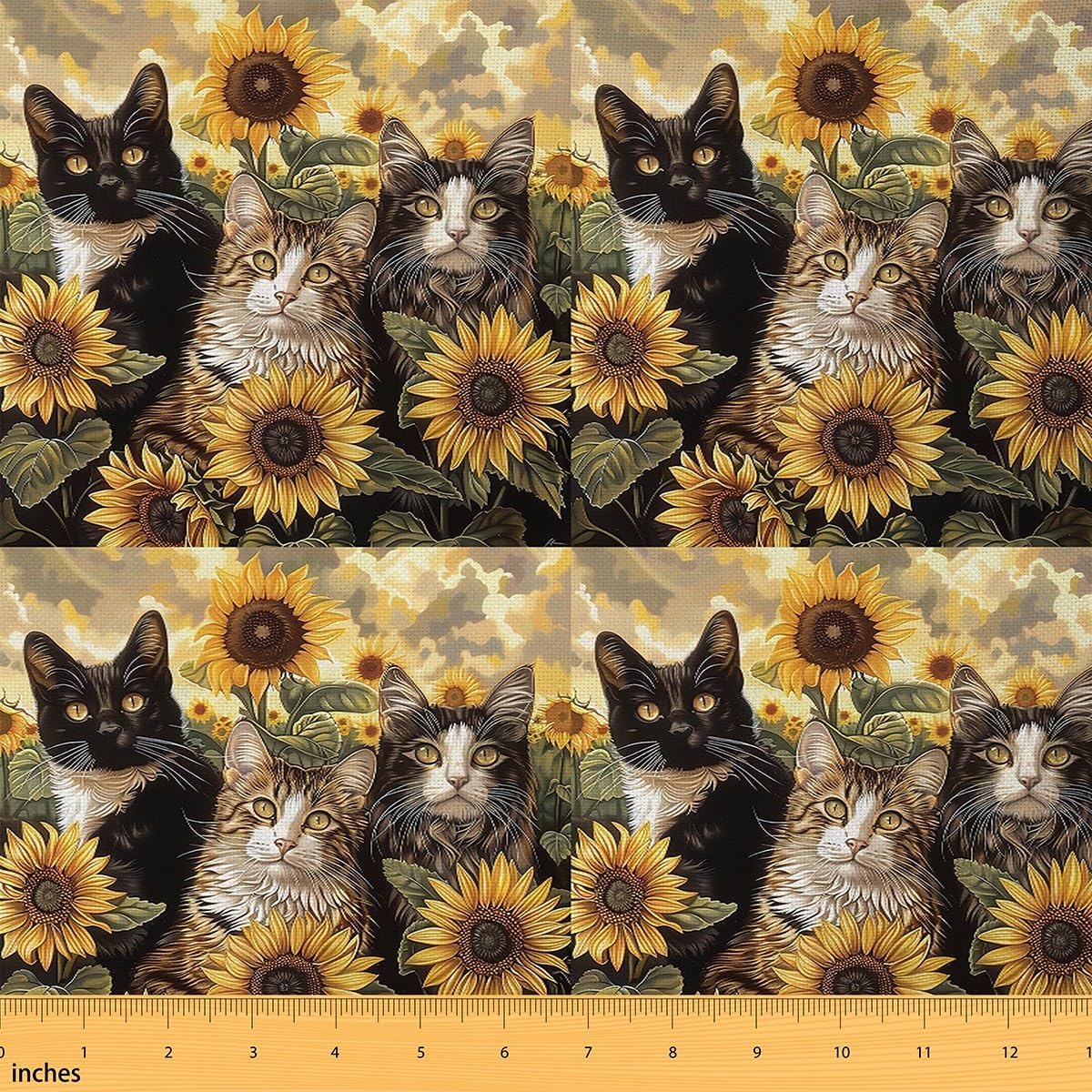 Feelyou Cute Cat Fabric by The Yard 3 Yards Cartoon Cat Print Upholstery Fabric for Chairs for Boys Girls Sunflower Decorative Waterproof Outdoor Fabric Cat Lover's Gift Fabric for Home DIY Projects