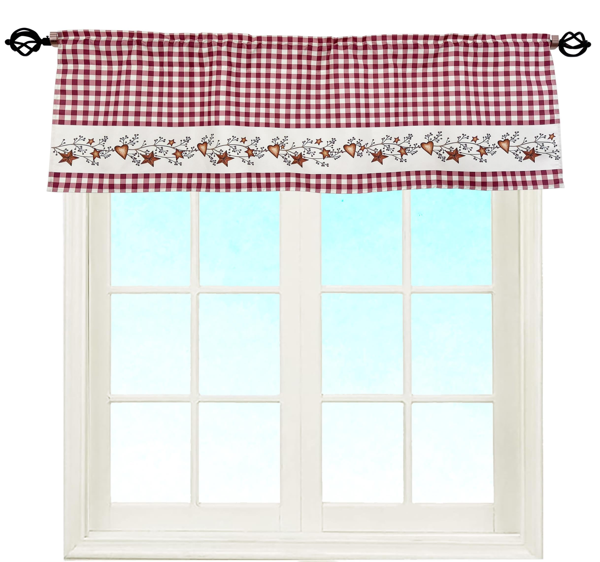 EZ.enjoy Primitive Country Star and Heart Buffalo Check Rustic Red and Tan Window Décor Curtain Valance Decorative Rod Pocket 52 X 16 Inches