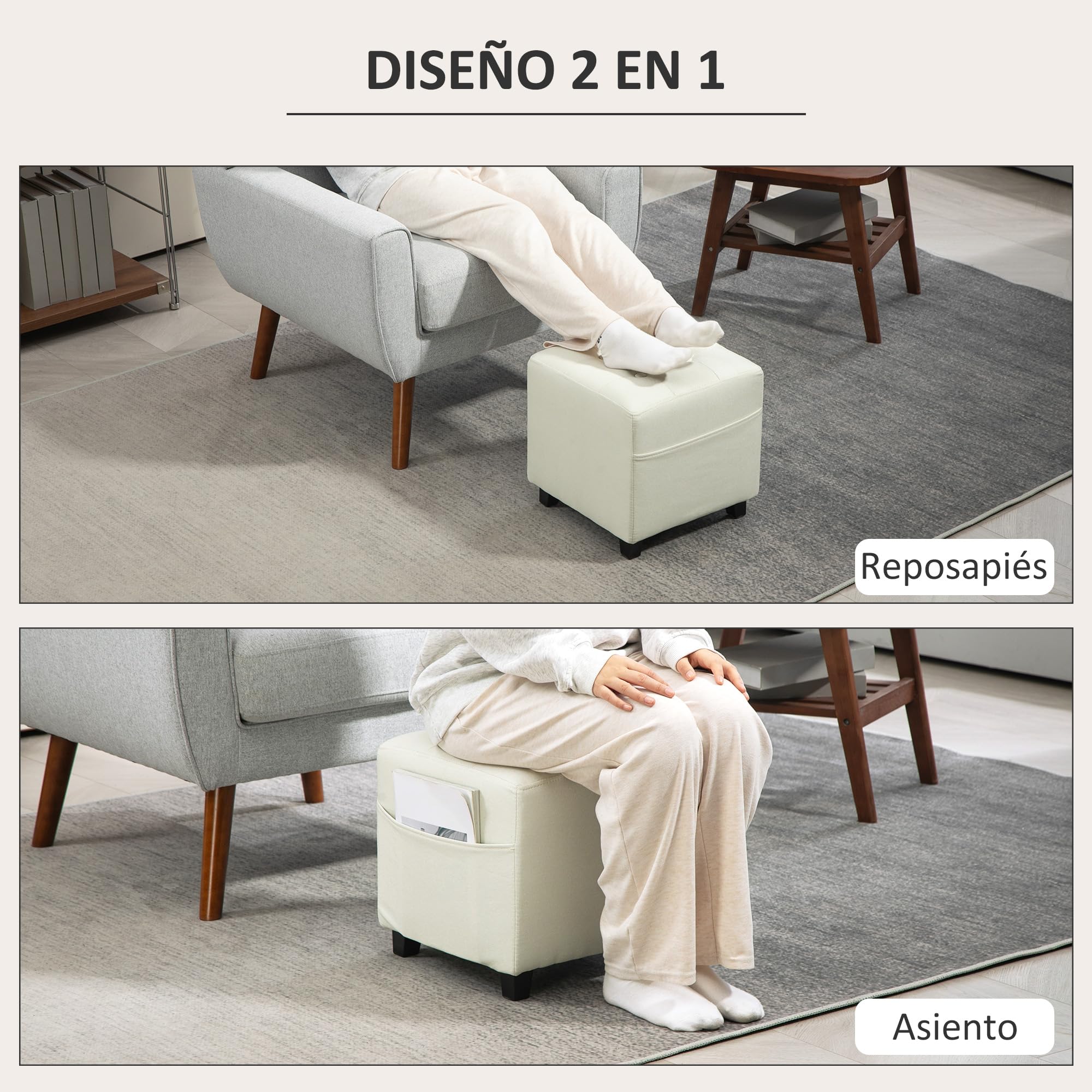 HOMCOM Reposapiés de Salón Taburete Bajo Tapizado en Lino Otomana Cuadrada con Bolsillo Lateral Tapa con Botones Acolchados y Marco de Madera para Sala de Estar Dormitorio Crema