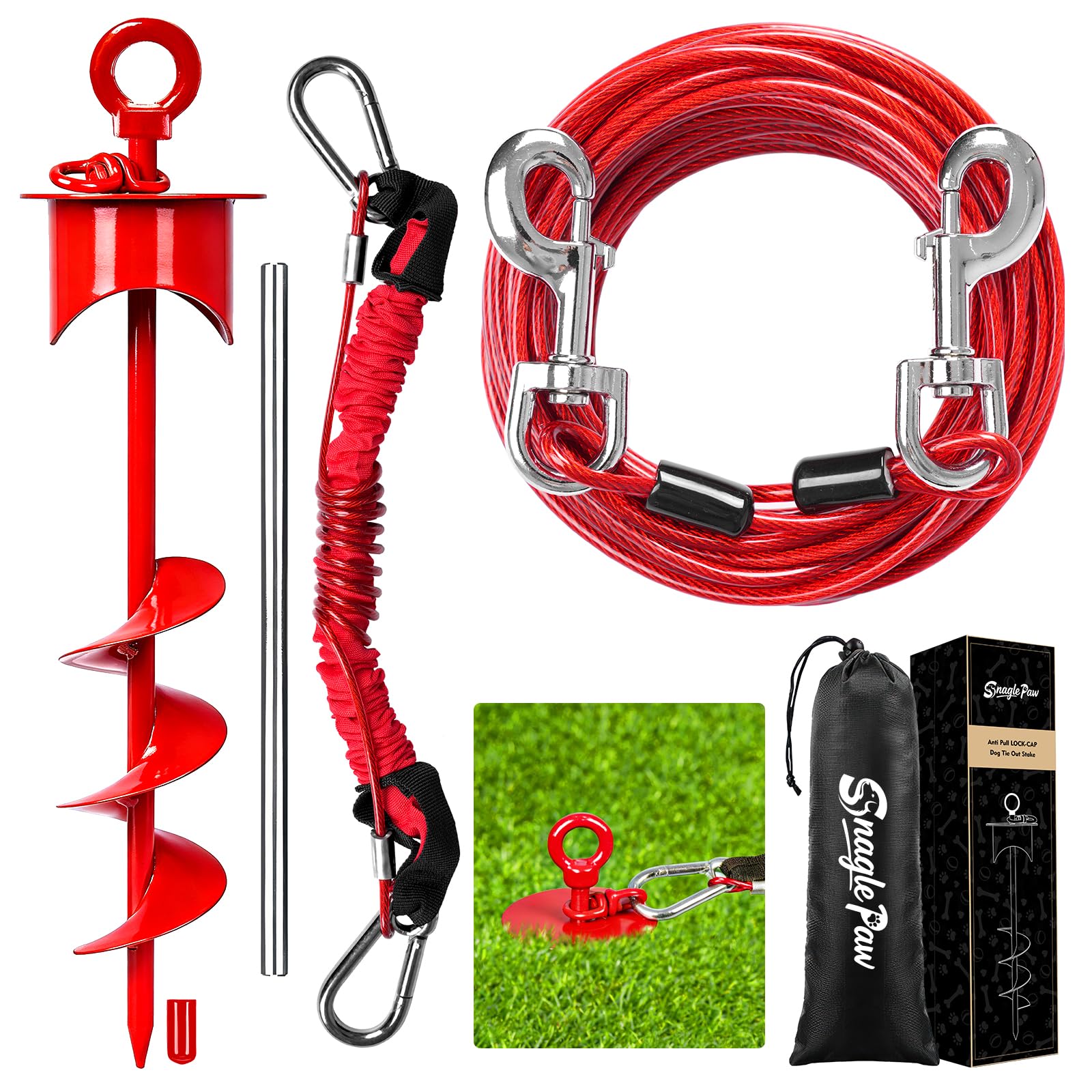 Snagle Paw Dog Tie Out Cable and Stake with Lock-Cap,Heavy Duty 3m Dog Yard Cable & Stake with Shock Absorbing Bungee Tether,Rust Proof Ground Anchor for Yard, Beach, Camping & Outdoor,up to 260 Lbs