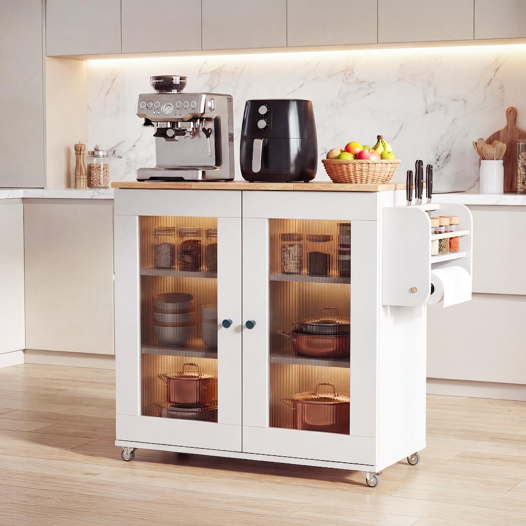 Rocco Walky Kitchen Island Cabinet with Wheels, Solid Rubber Wood Top, Fluted Acrylic Doors, Built-in Power Sockets & LED Lights, Mobile Storage Cabinet with Soft-Close Hinges & Side Organizer-image-25