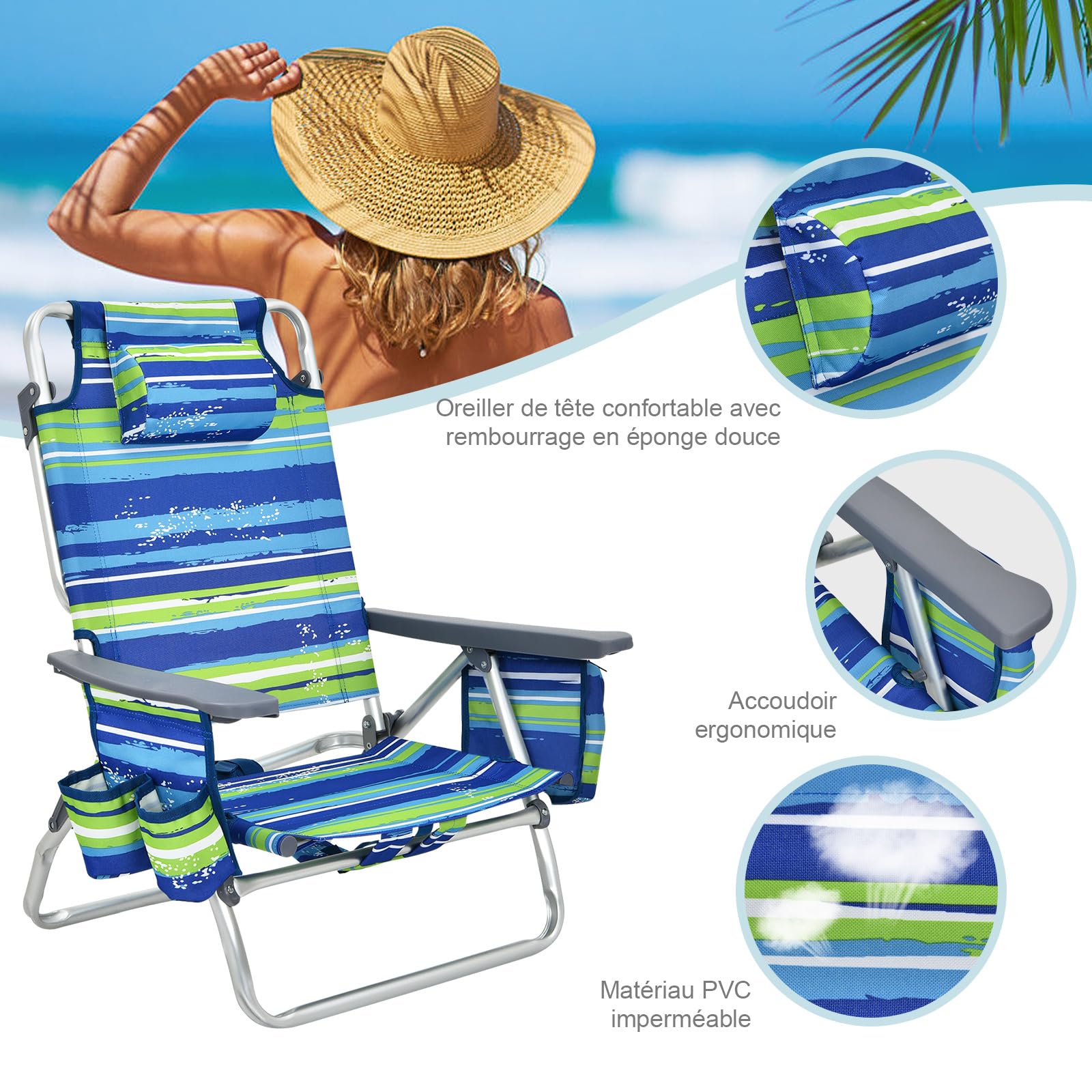 GIANTEX Chaises de Plage Pliable 3 Pcs, Chaises de Camping 5 Positions avec Dossier Haut et Table Enroulable, Chaise de Jardin Inclinables Charge 136 KG (Bleu + Vert)