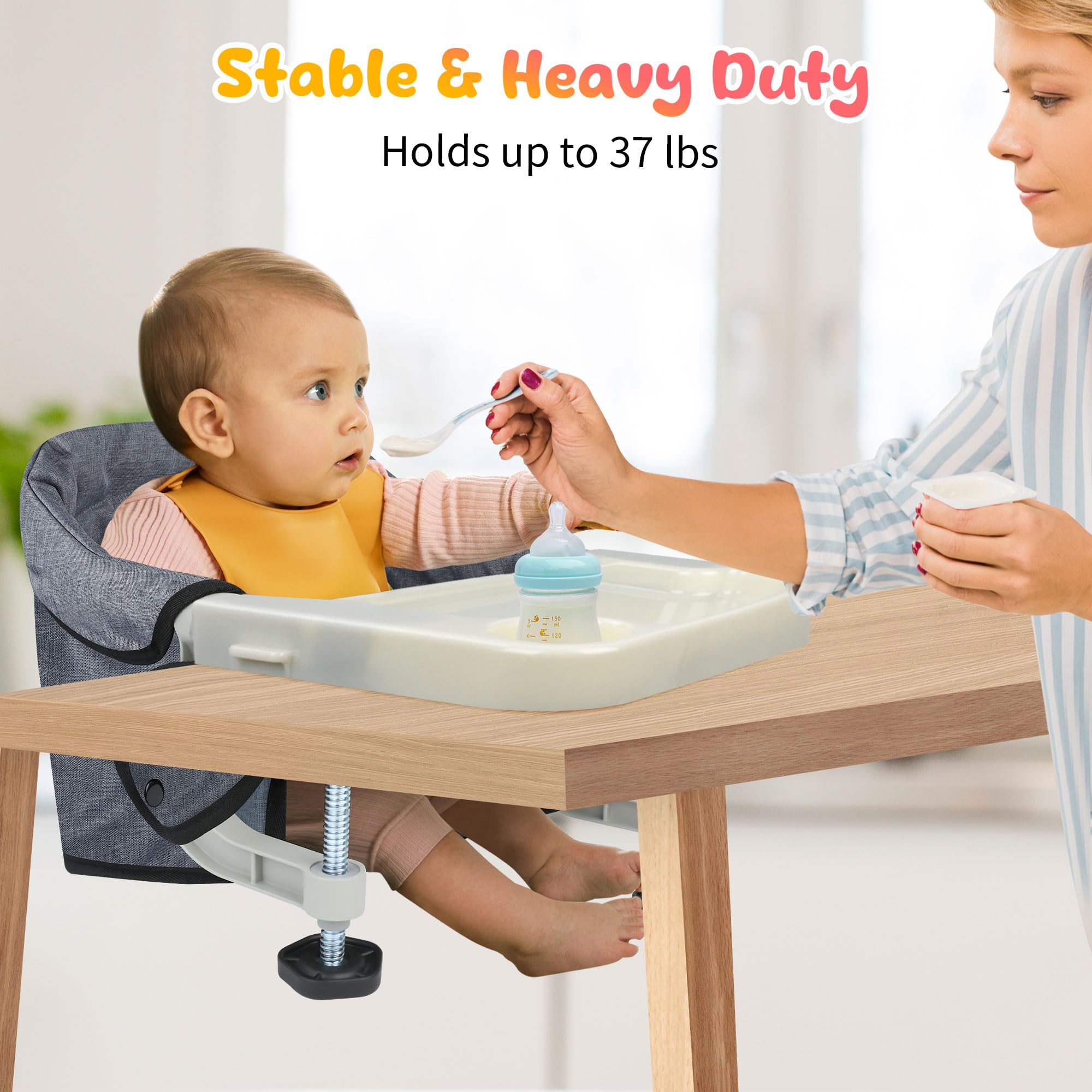 Toogel Silla de Mesa para Bebé con Bandeja Extraíble, Trona Portátil con Correas de Seguridad, Asiento de Mesa Infantil con Bolsa de Transporte para Casa y de Viaje (Gris)