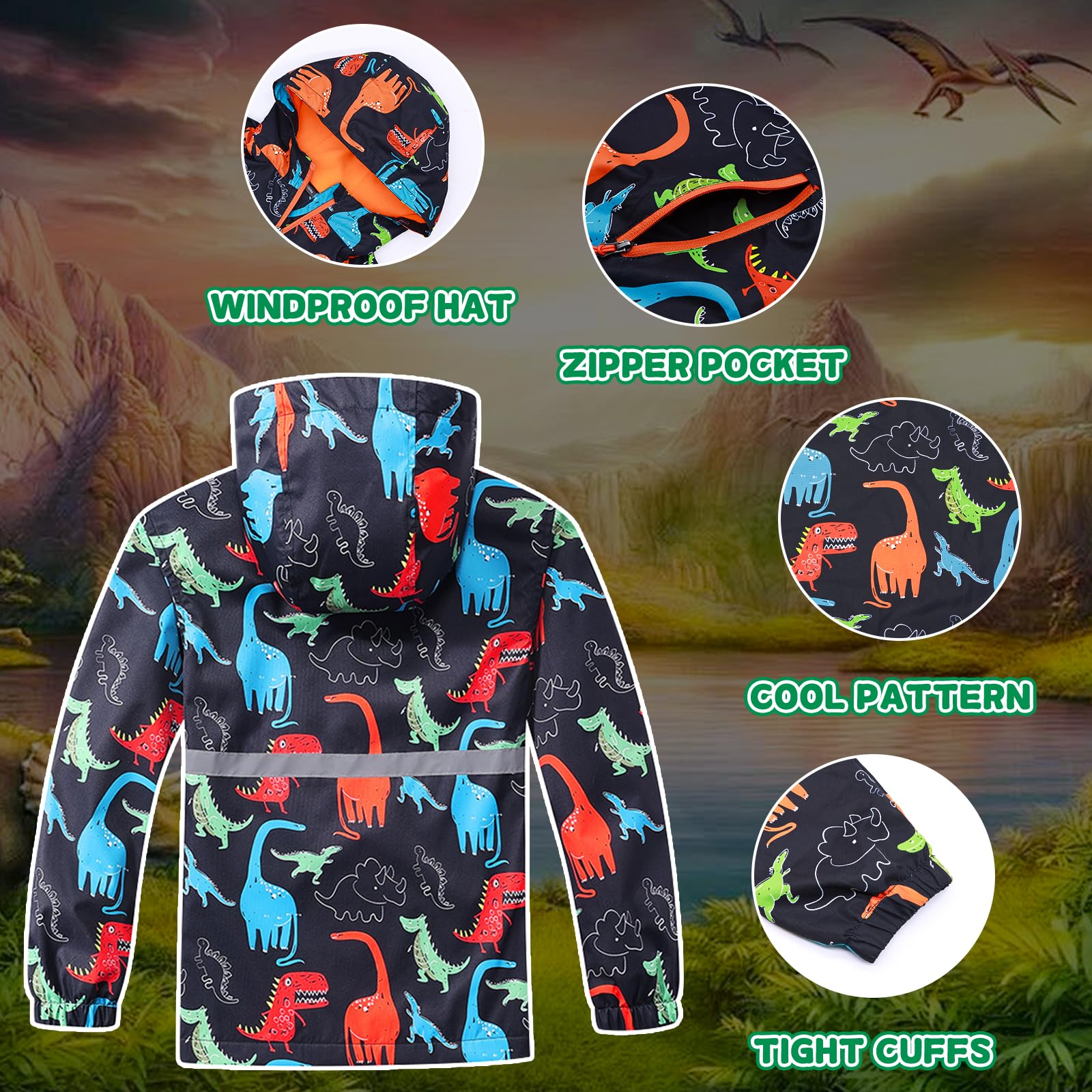Giacca Impermeabile per Ragazzi Giacca da Pioggia Foderato in Pile Bambino Antipioggia Softshell Giubbotto con Cappuccio Dinosauri Stampa Impermeabile Cappotto Calda Giacche Bambini 3-12 anni