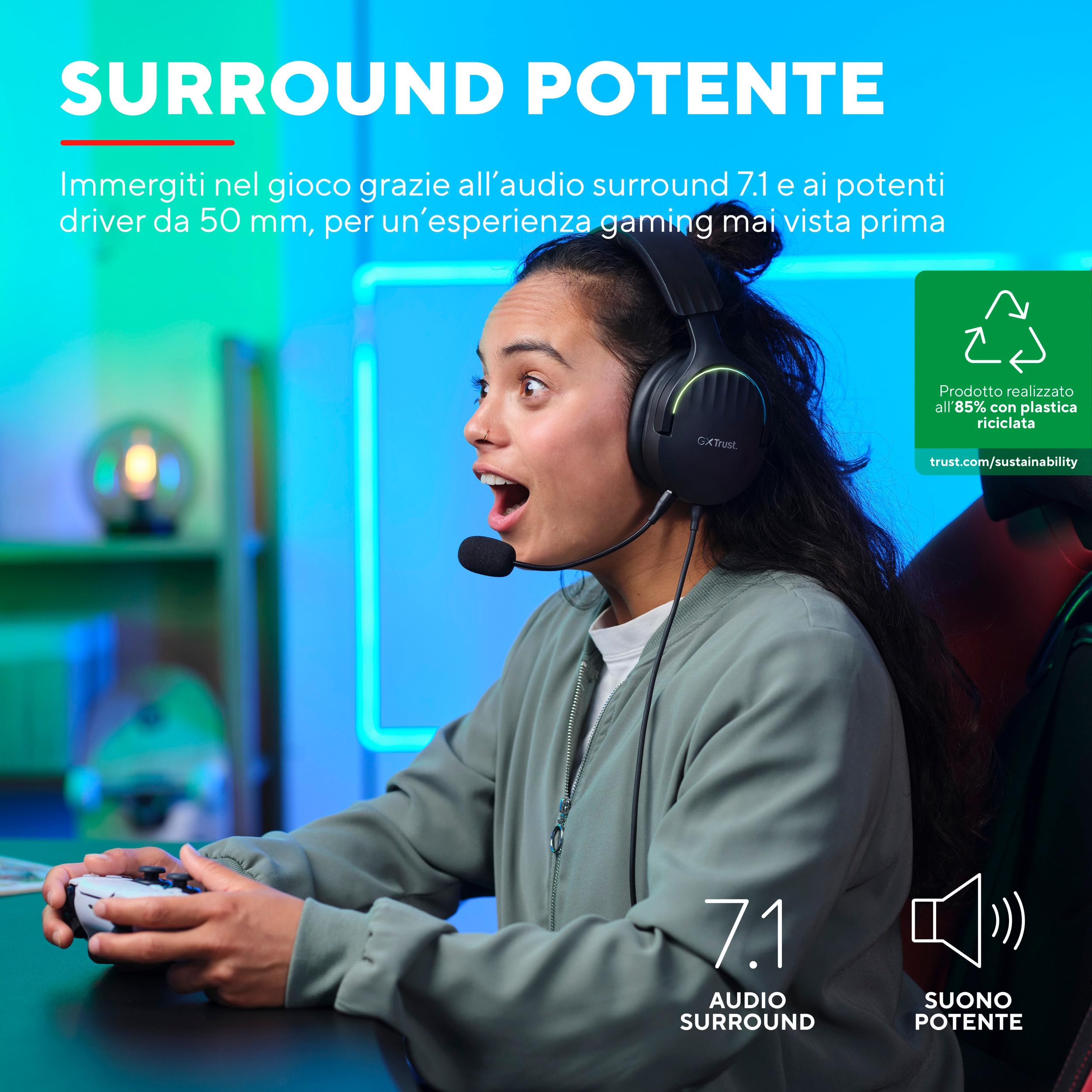 Trust Gaming GXT 490 Fayzo Cuffie Gaming USB con Audio Surround 7.1, Driver 50 mm, 85% Plastica Riciclata, Illuminazione RGB, Over-Ear Cuffie con Microfono Noise Cancelling per PC PS5 - Nero