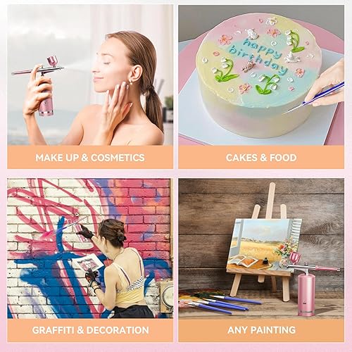 Miniatura 5 de Kit de aerógrafo con compresor  Juego de cepillos de aire de alta presión recargables de 48 PSI con boquilla de 0.012 in y cepillo de limpieza para