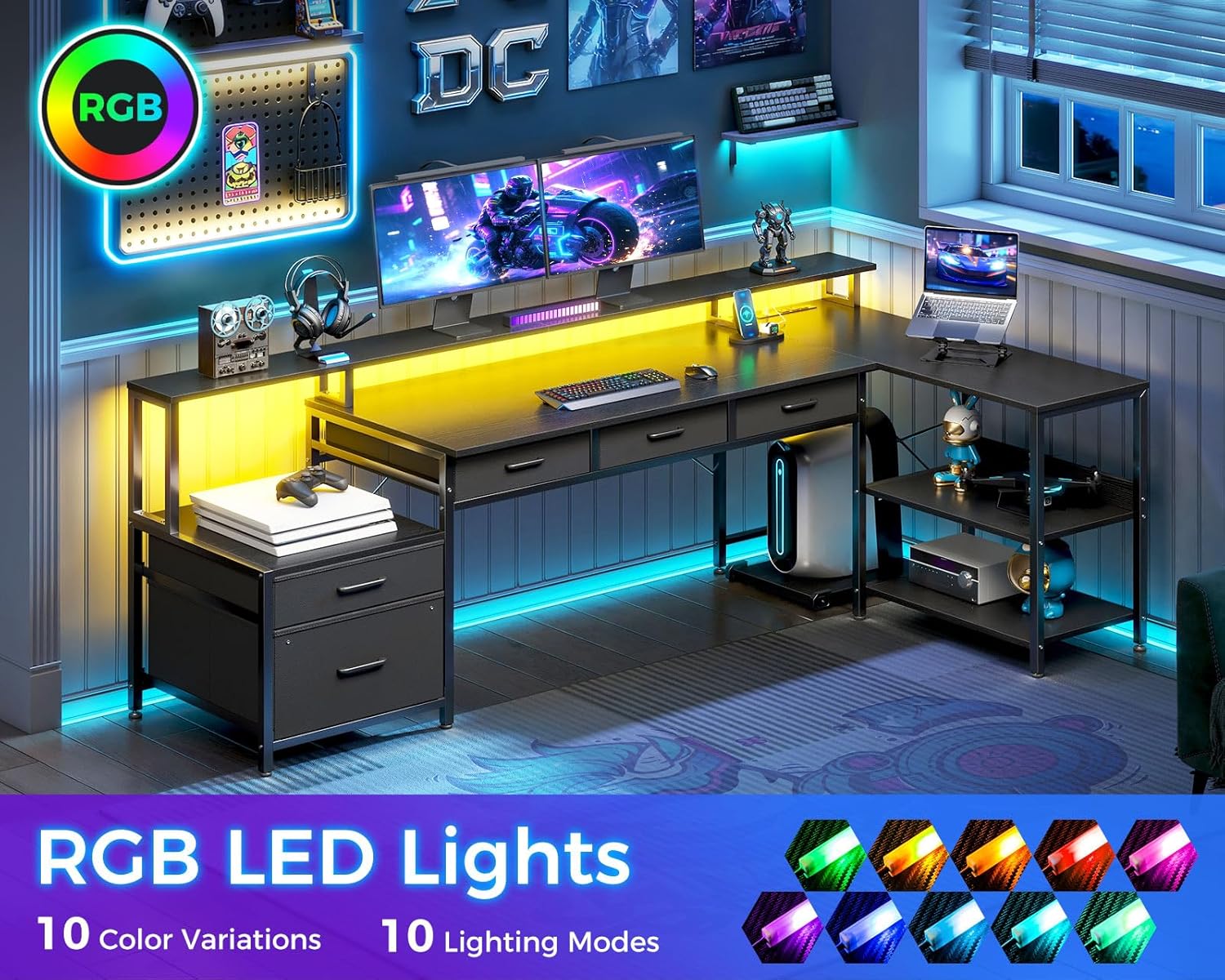 AODK L Shaped Desk with 5 File Drawers, 75" Reversible L Shaped Computer Desk with Power Outlet & LED Strip, Office Desk with Storage Shelves, Gaming Table with Monitor Shelf, Corner Table, Black