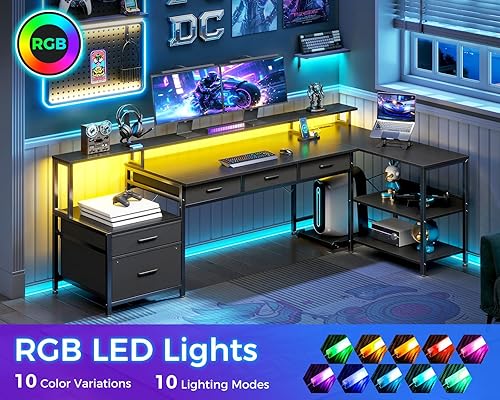 Miniatura 4 de AODK Escritorio en forma de L con 5 cajones de archivos, escritorio reversible en forma de L de 75 pulgadas con toma de corriente y tira LED,