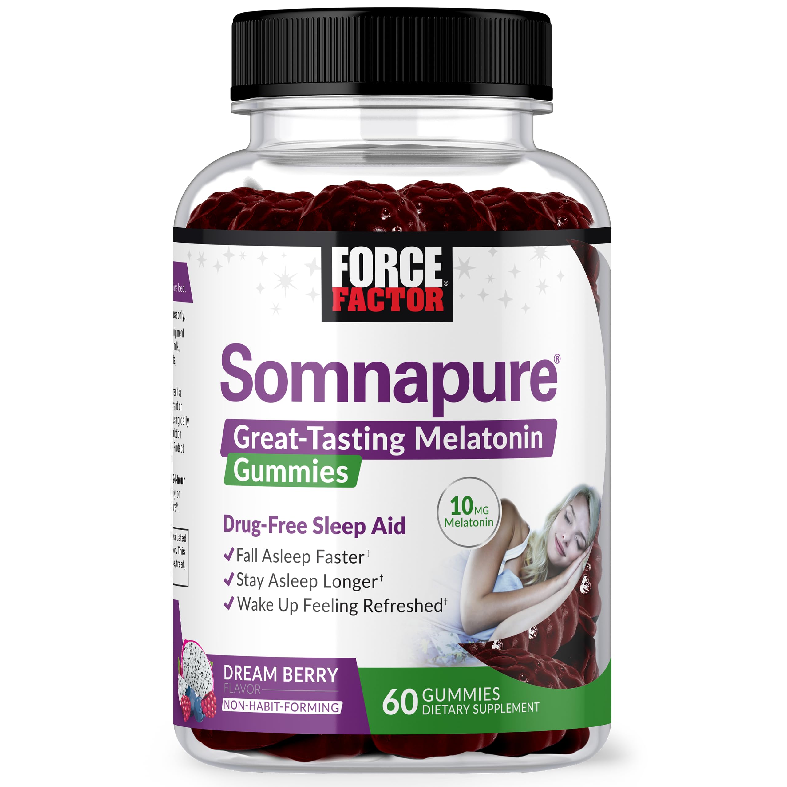 FORCE FACTOR Somnapure Gummies with Melatonin 10 mg for Adults, Non-Habit-Forming, Natural Sleep Aid for Deep Sleep, Stay Asleep Longer, Wake Up Refreshed, Dream Berry Flavor, 60 Count (Pack of 1)