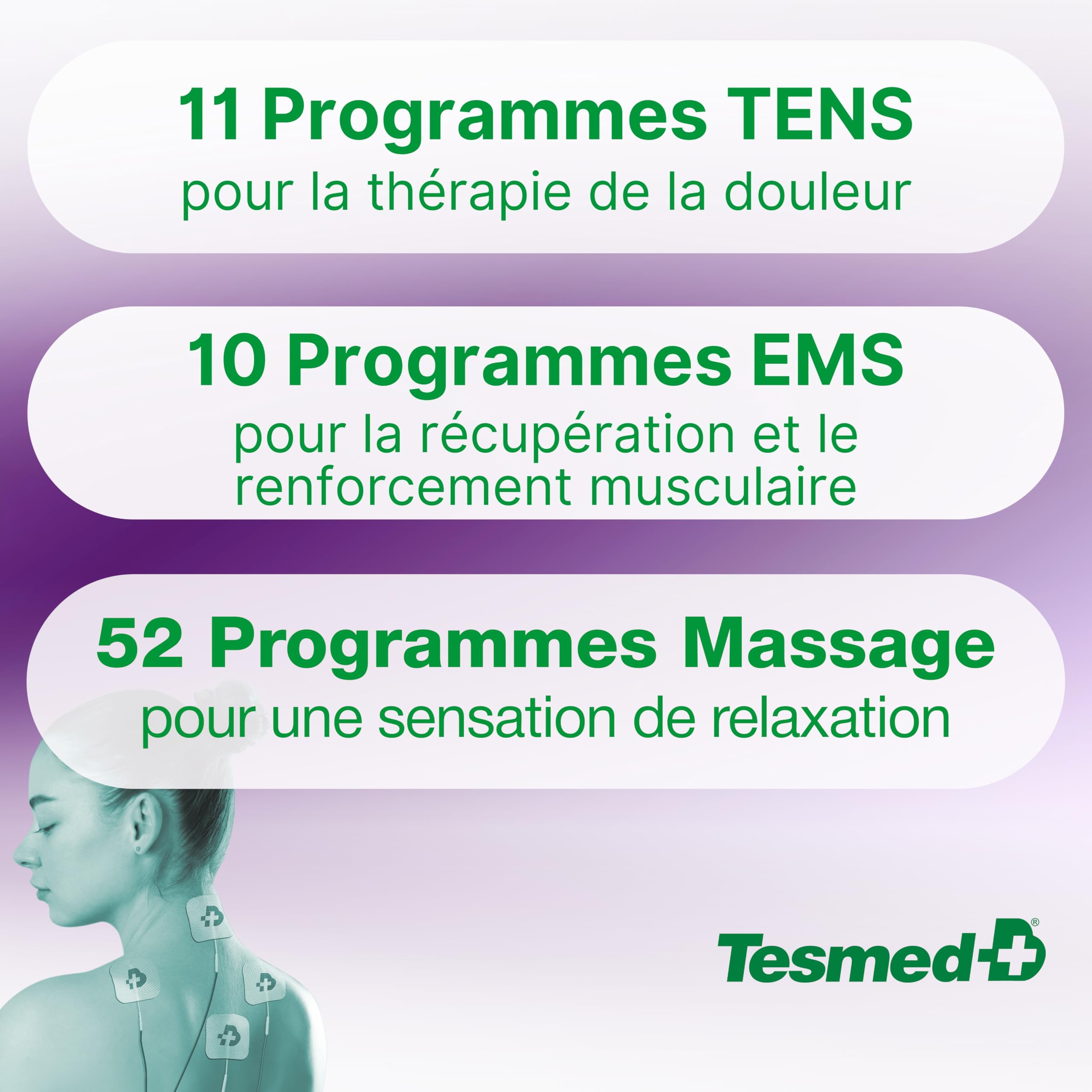 TESMED TE-880R Plus Électrostimulateur Musculaire Rechargeable, EMS, TENS, Massage - 73 programmes dont 2 personnalisables - Fonctionne avec 8 électrodes