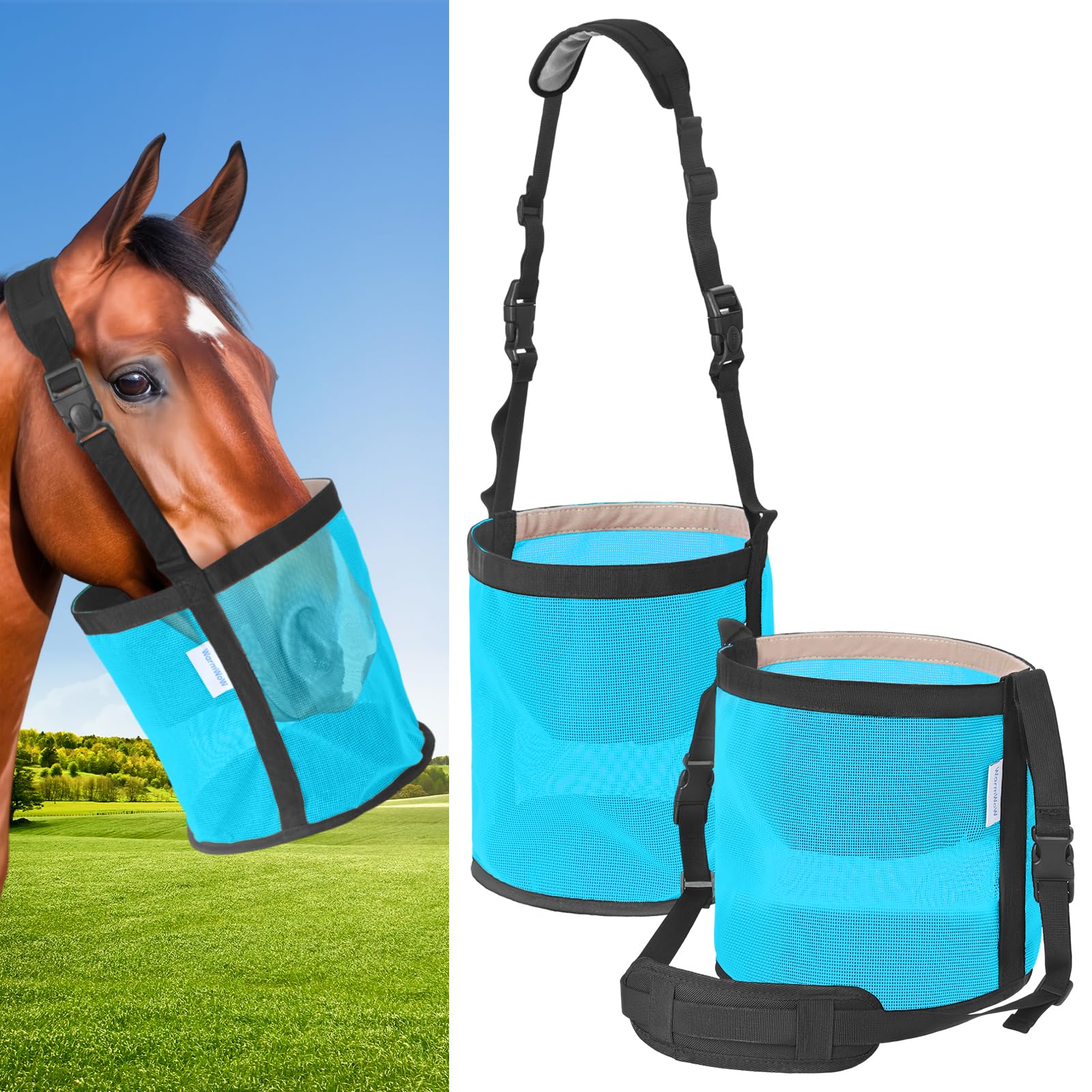 Horse Feed Bag Pack of 2, Feed Bags for Horses with Ventilation Mesh, Comfort Nose Pad Neck Pad, Adjustable Strap, Spill Proof Design for Independent Feeding Grain, Supplements