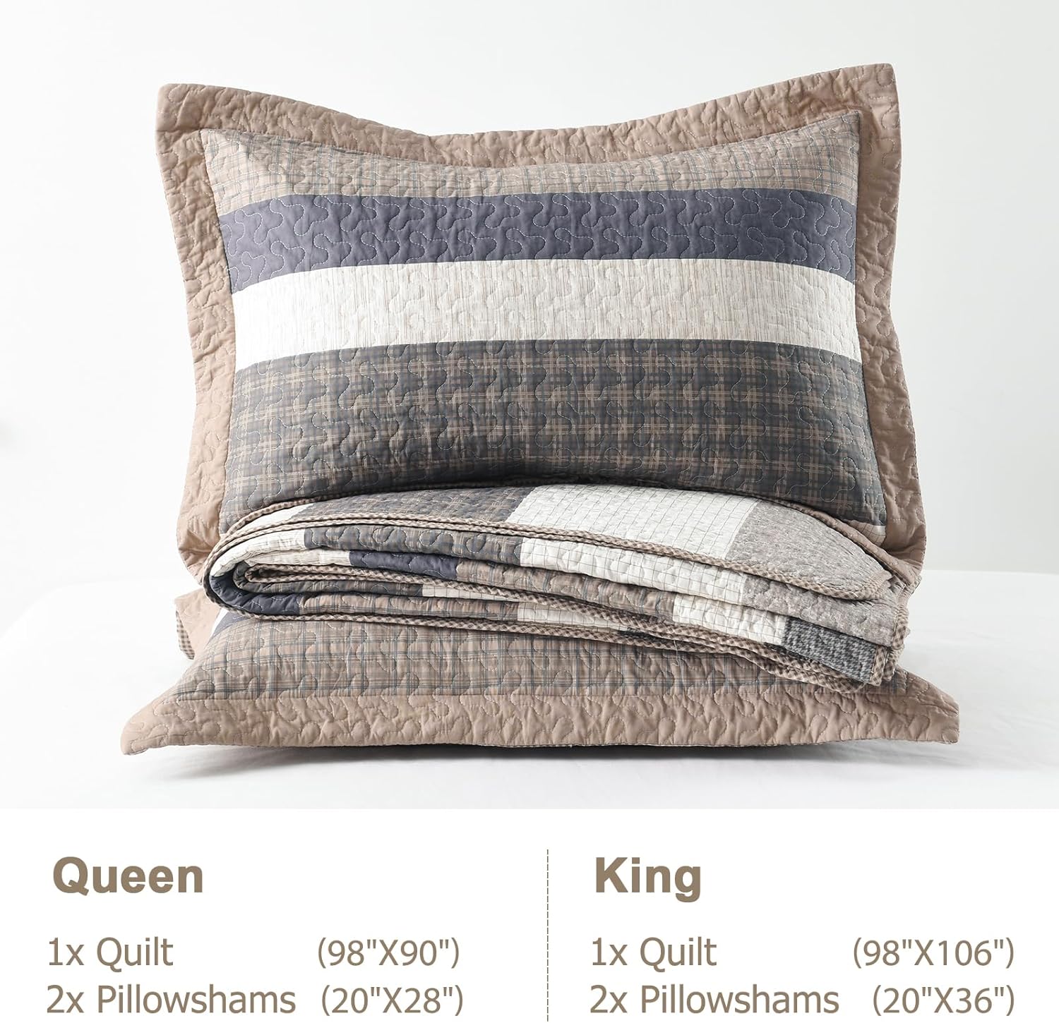 Finlonte 100% Cotton Quilt Set, Striped Farmhouse Reversible Lightweight Quilted Bedspreads, 3-Piece, Brown/Cream/Beige/Gray, King Size - Image 6