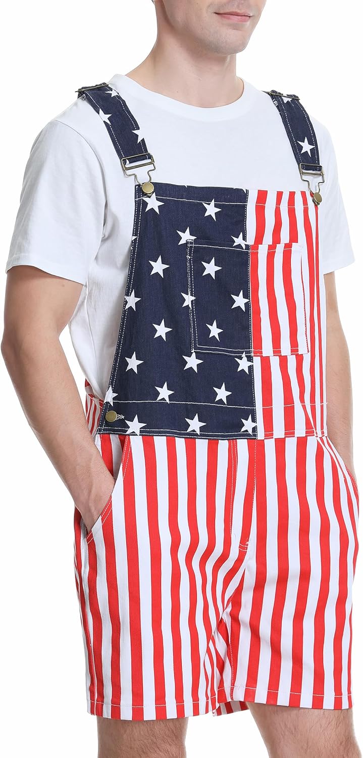 Bib Overalls for Men Adjustable Straps Work Coveralls Printed Shorts Jumpsuit