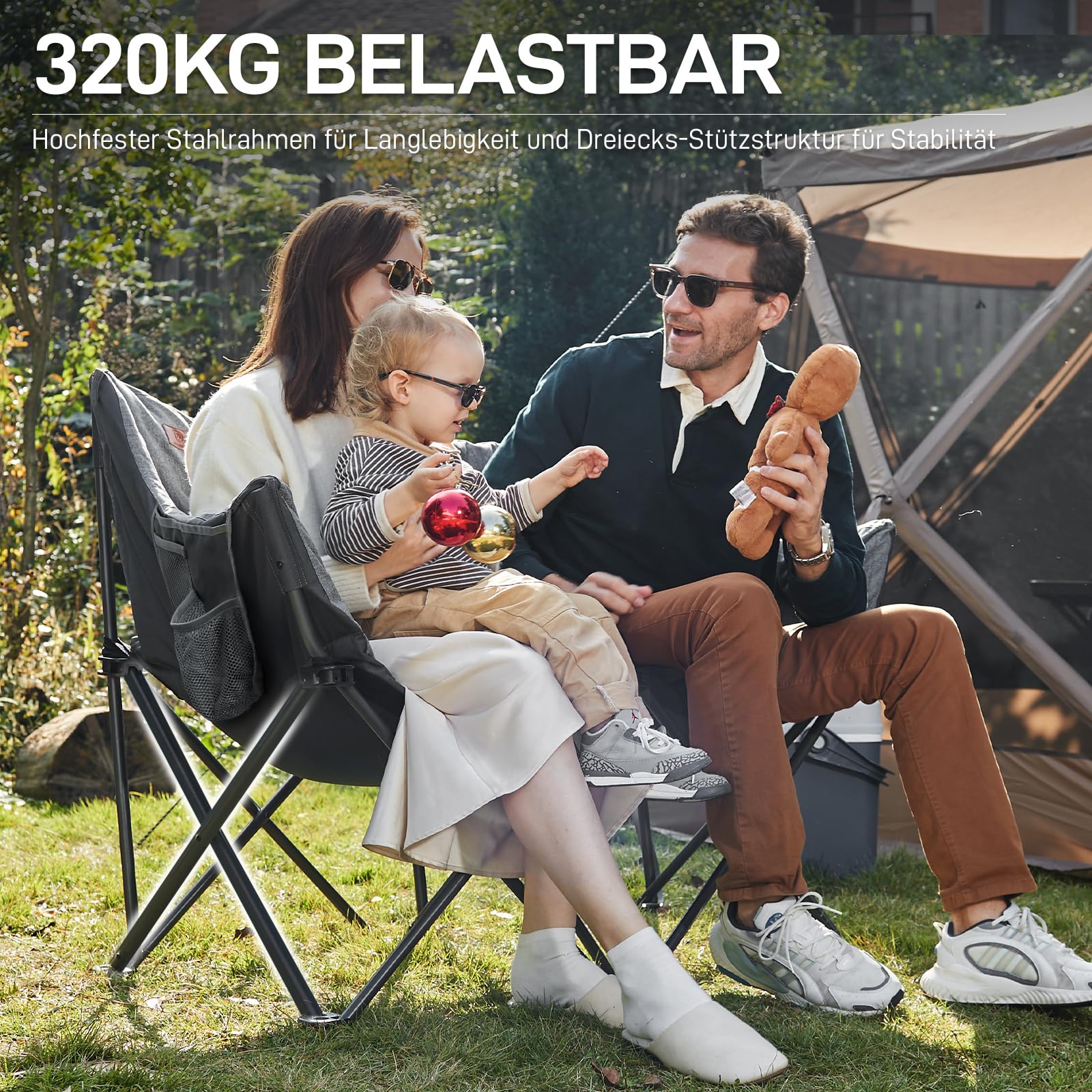 EVER ADVANCED Campingstuhl Faltbar 124CM Breit Campingsofa für 2 Personen Faltsofa 320KG Belastbar, Campingcouch Dick Gepolstert Klappstuhl XXL 2 Sitzer Hohe Lehne für Outdoor Garten Balkon Indoor