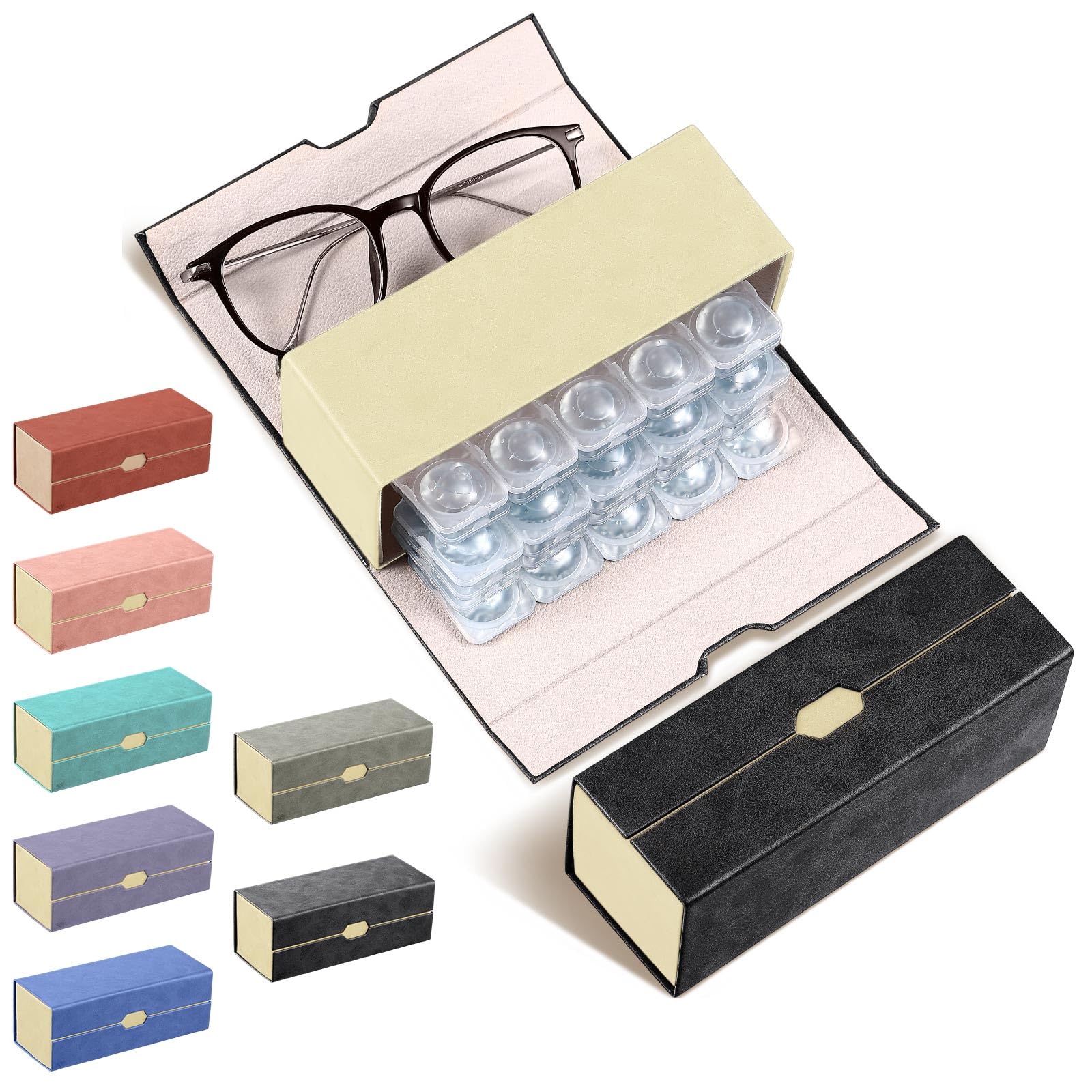 Flutesan Daily Contact Lens Case and glasses Organizer 2 in 1 Double Sided Portable Contact Lens Travel Case for Travel Outdoor Daily Use, Storage up to 30 Lense(Black)