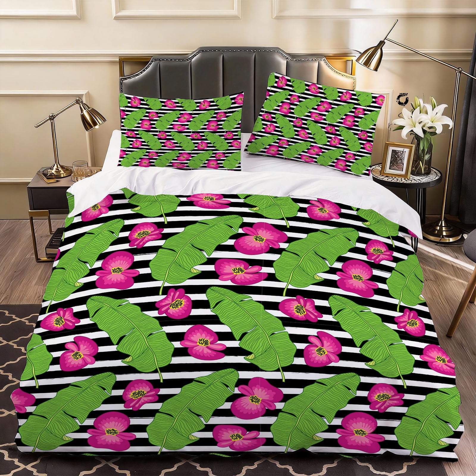 3D Leaves Duvet Cover Simple Bedding Super King Bed Set, Soft Microfiber Comforter Cover Printed with Zipper Closure Quilt Coverr 260x220 cm and 2 Pillowcases