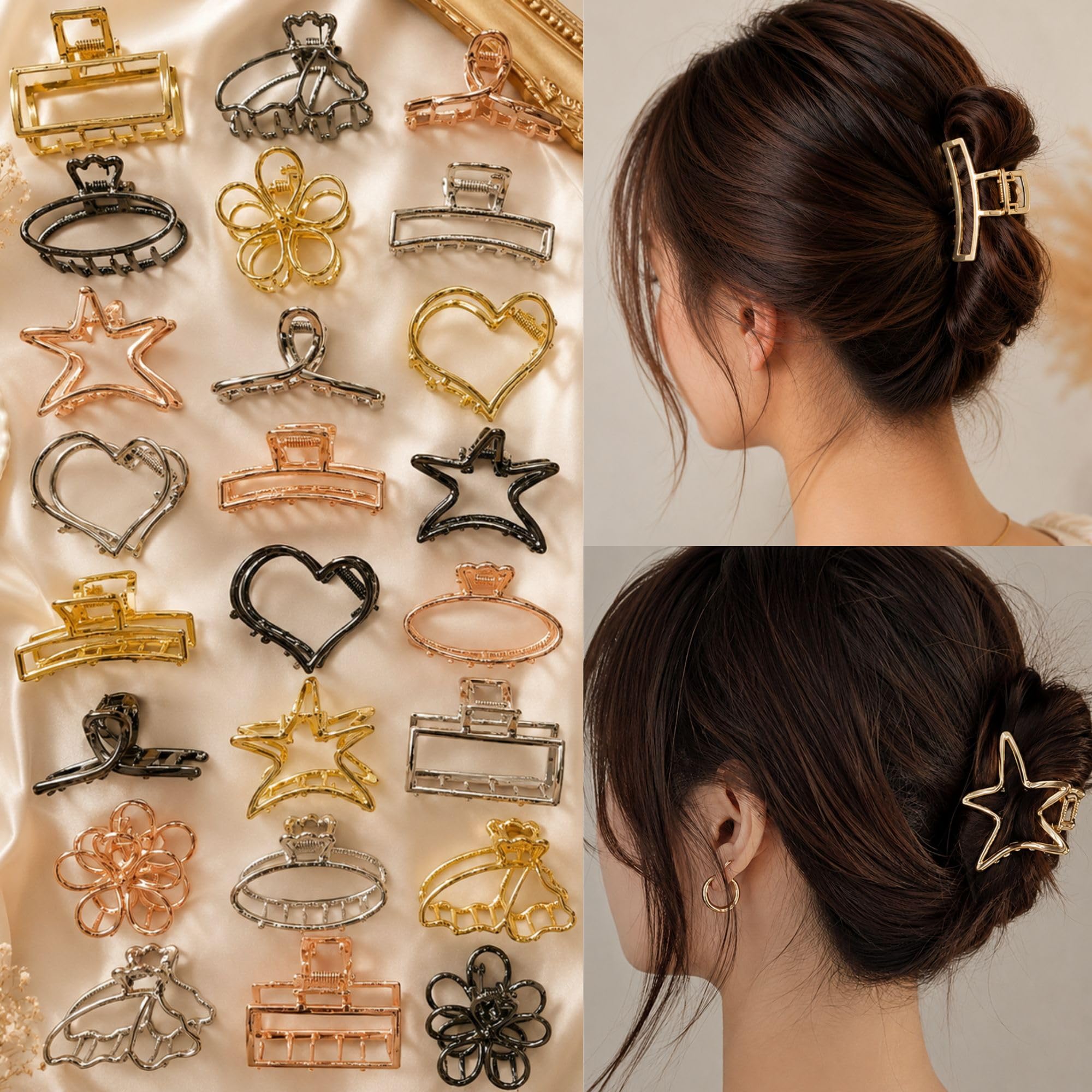 Luxelocks Pack of 8 pcs Decorative Metal Hair claw Clips Set, Gold Silver Rose Gold Black, Heart Star Flower Rectangle Designs, Fashion Hair Accessories for Women-image-15
