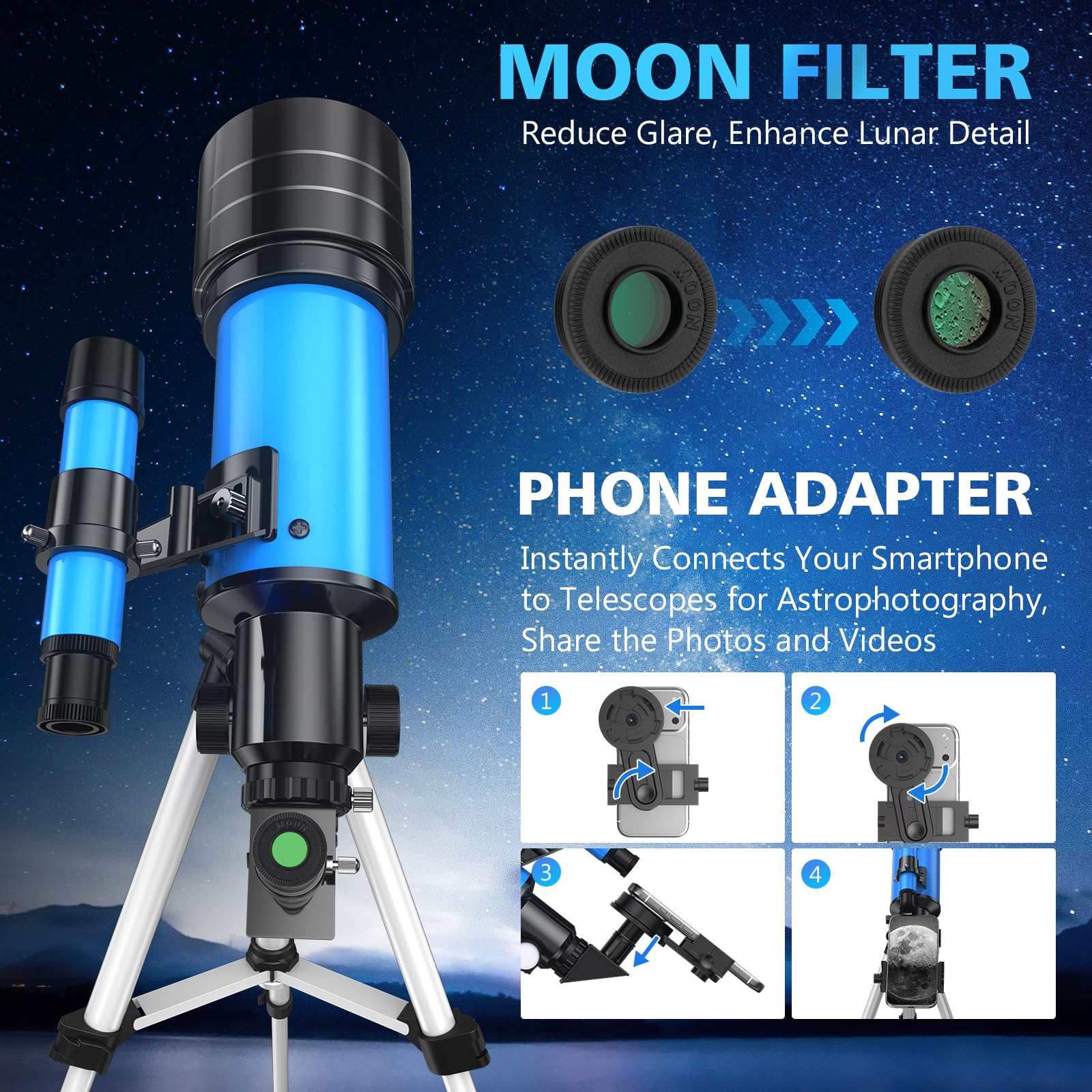 Télescope 70MM Ouverture pour Adultes Enfants débutants en Astronomie, Telescope astronomique réfracteur entièrement Multicouche à Haute Transmission, Trépied, Adaptateur Téléphone,Télécommande