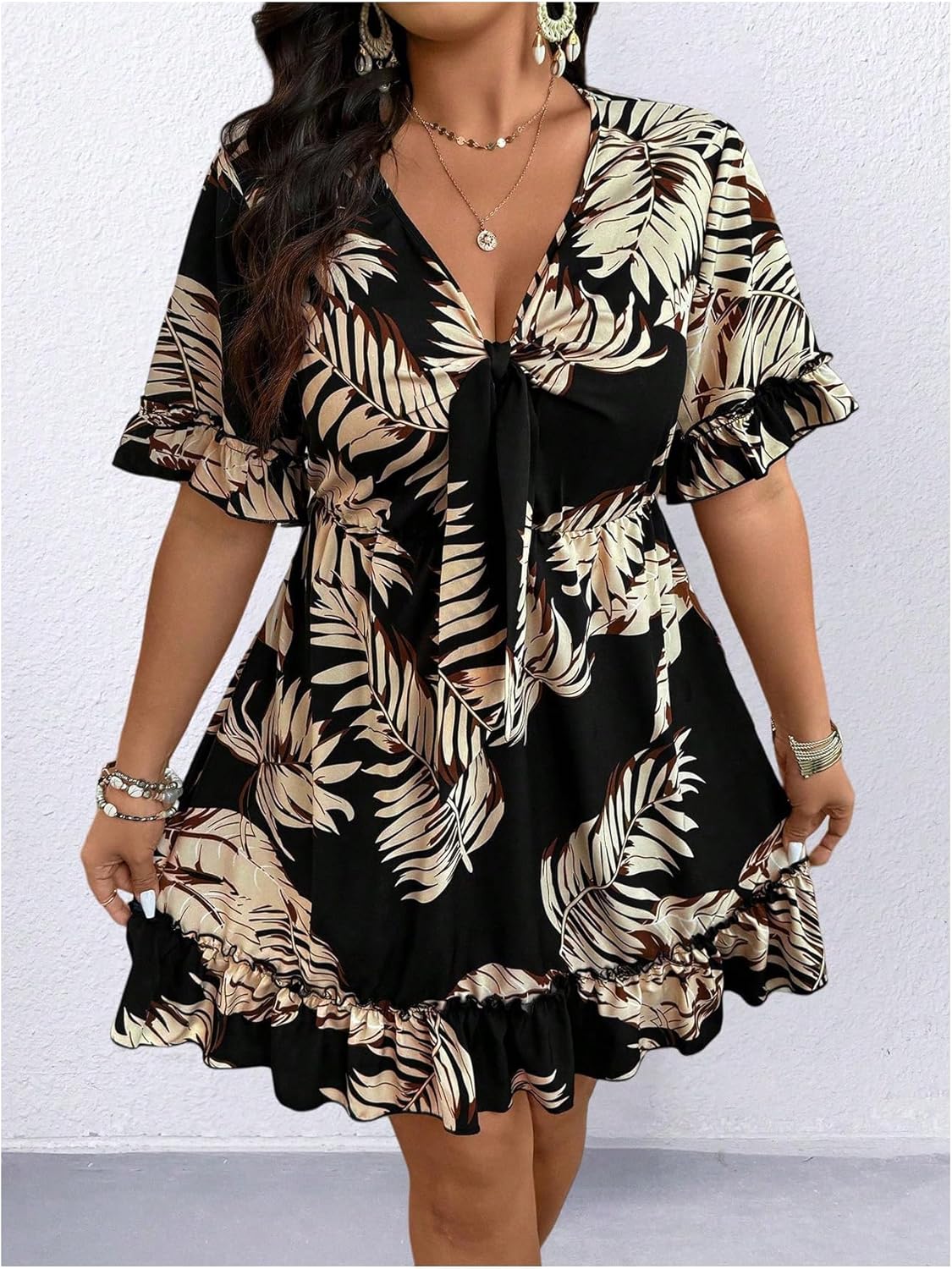 Women's Plus Size Tropical Dress Ruffle Flowy Boho V Neck Short Sleeve Knot Front Summer Vacation Dresses - Image 3