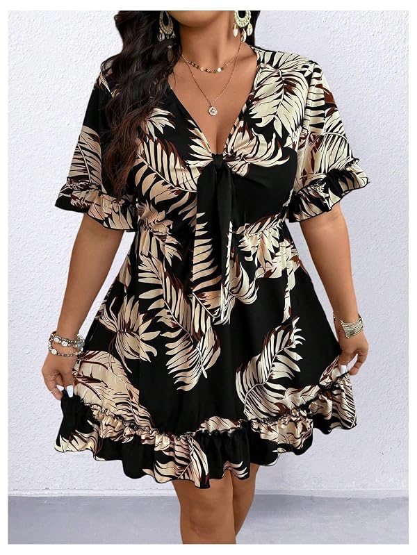 Floerns Women's Plus Size Summer Vacation Wrap V Neck Short Sleeve Ruffle Hem A Line Hawaiian Short Dress Black Tropical Plant XX-Large Plus by Floerns - Used condition - Image 4
