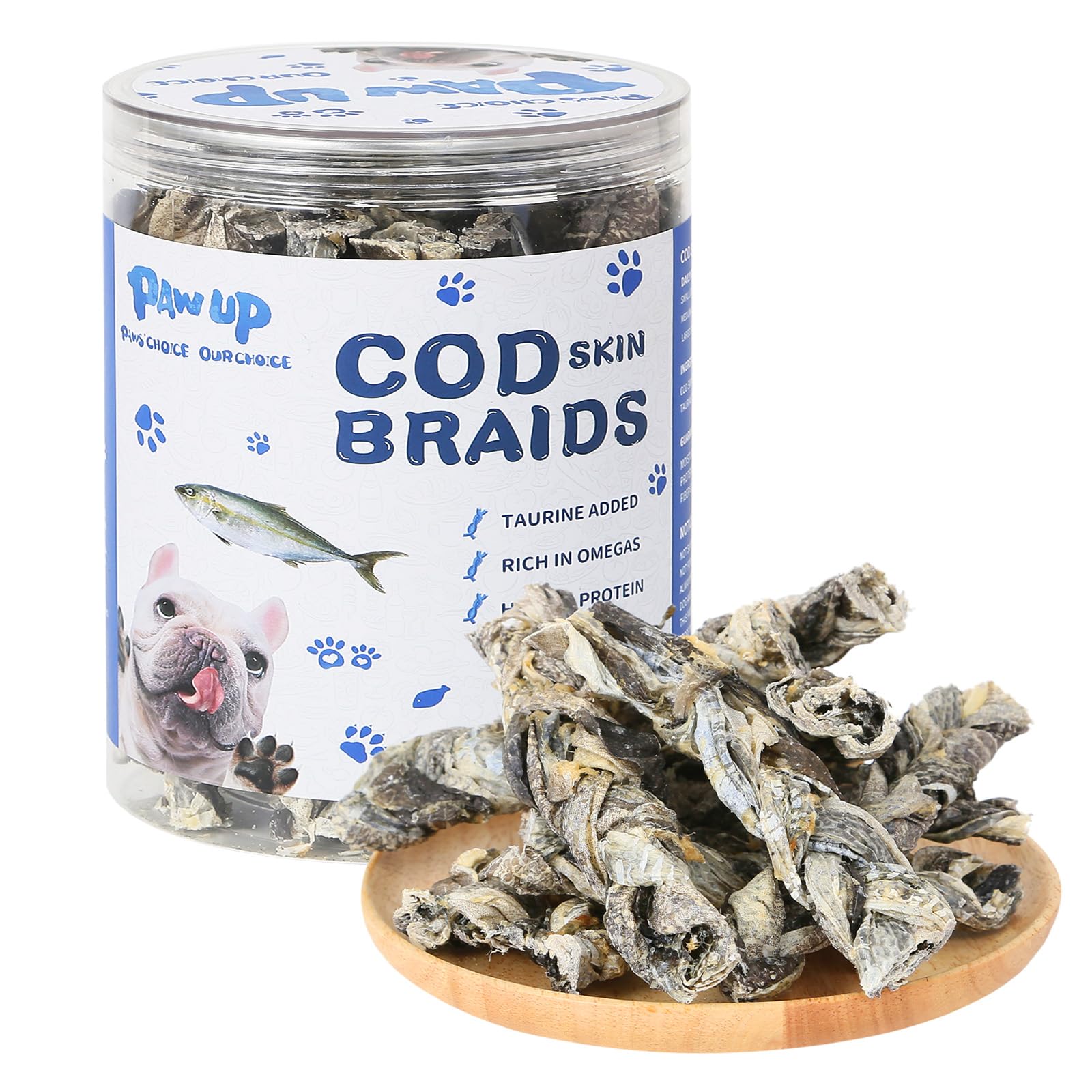 PAWUP Cod Fish Skin Braids Dog Treats Natural Dried Dog Snacks Sticks, High Omega-3 Single Ingredient Cod Skin Chews w/Taurine, 7 oz