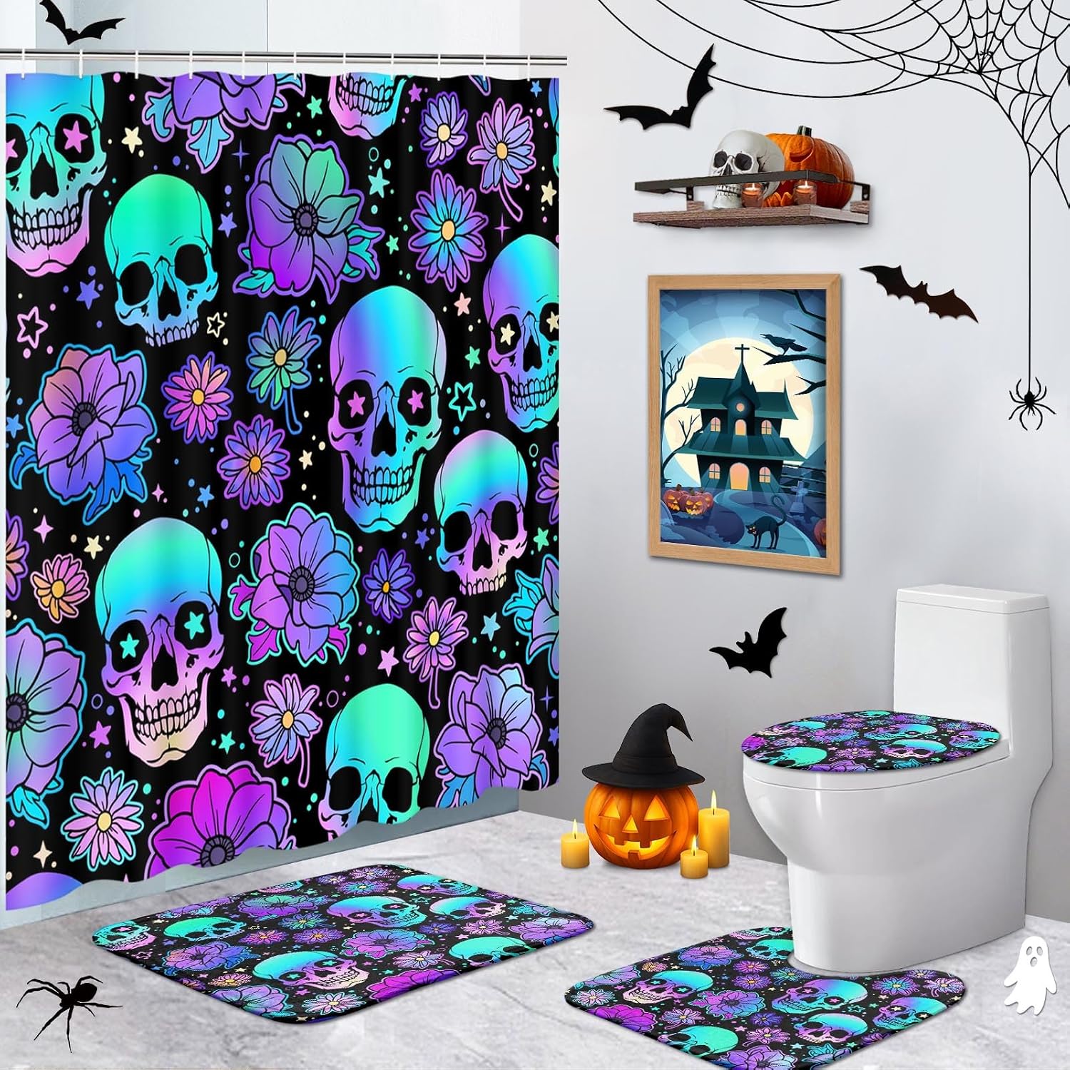 Britimes Halloween Bathroom Sets with Shower Curtain and Rug Set of 4 Skull image 2