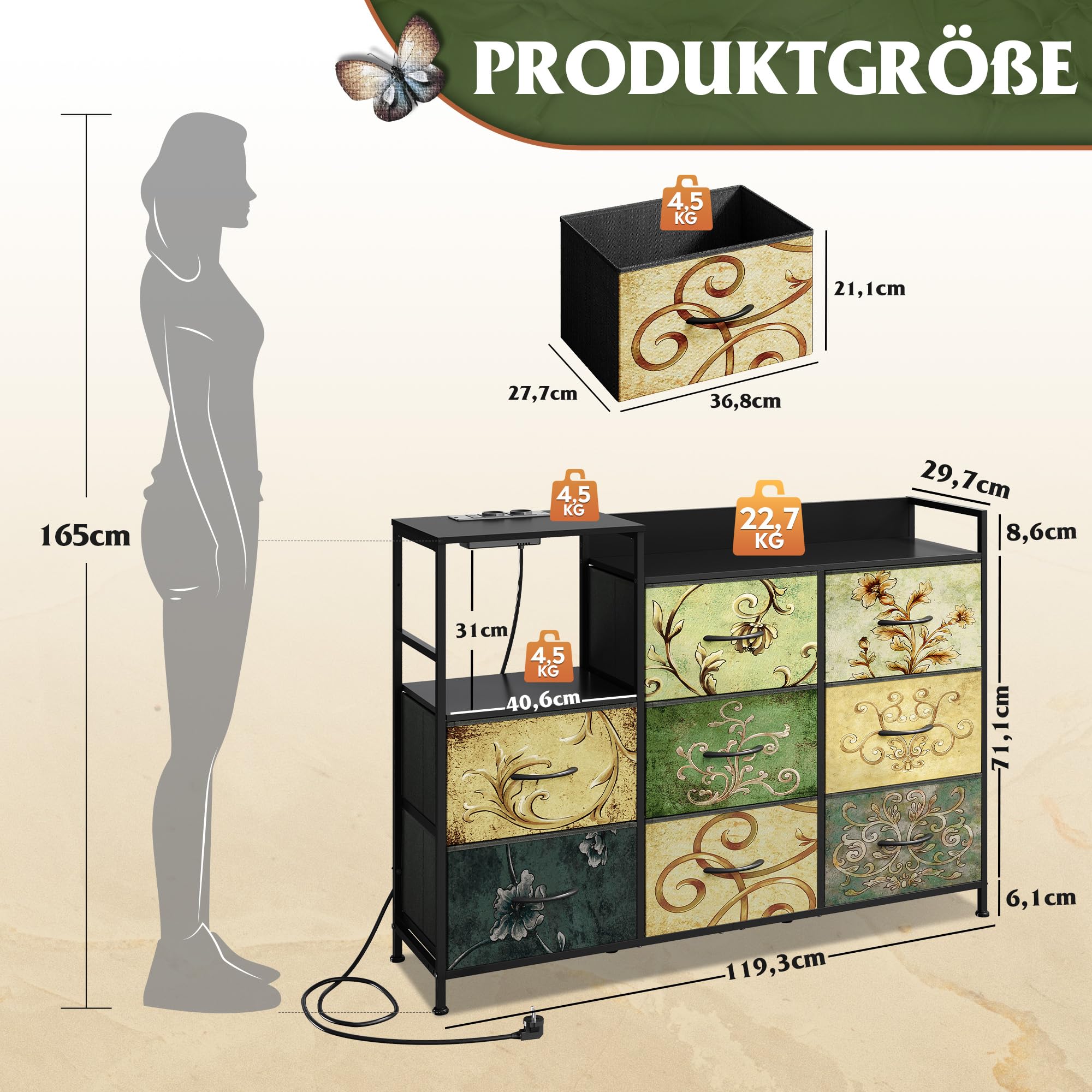 WLIVE 8 Kommode mit Schubladen, Stoffschubladen mit Auszügen, Bohemien | Kommoden & Sideboards mit LED und Ladestation