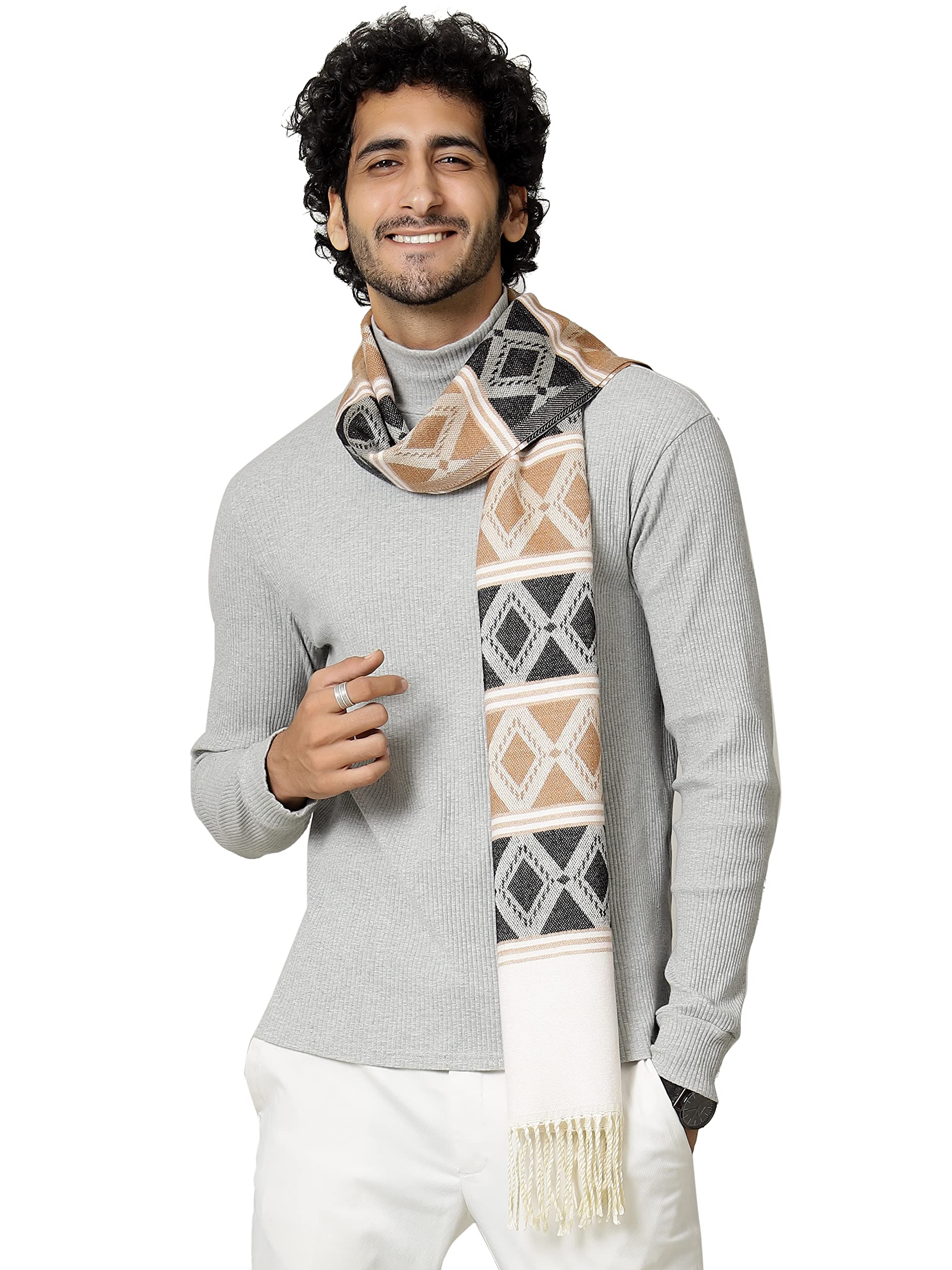 Ravaiyaa - Attitude is everything Men's Pure Wool Muffler, Winter Scarf Neck Wrap Diamond Pattern Stylish Muffler (Black & Peach)
