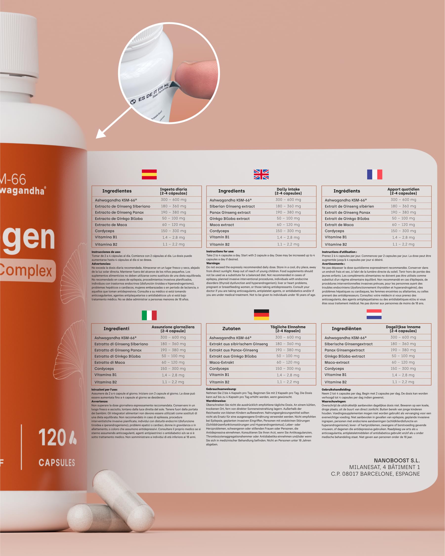 Ashwagandha Complex avec KSM-66, Ginseng, Ginkgo Biloba, Maca, Cordyceps, Vitamines B1-B2 | Adaptogène Anti-stress, Équilibre, Énergie, Performance | 120 Gélules | Végan, Sans OGM, Sans Gluten