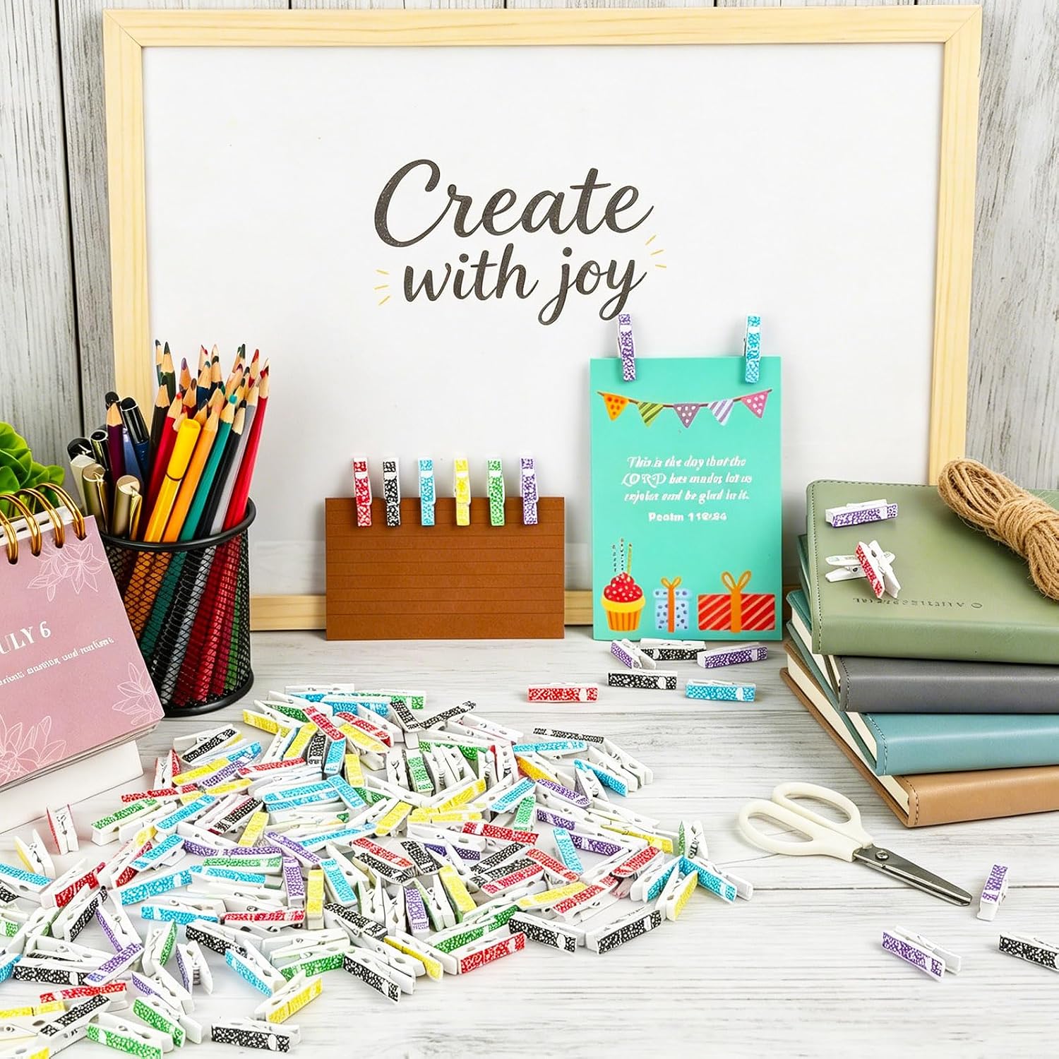 100Pcs Composition Book Pattern Mini Wooden Clothespins Colorful Small Photo Pegs Craft Clips with Jute Twine Tiny Wood Clips for Classroom Teacher Bulletin Board School Arts Projects DIY Decor image 4