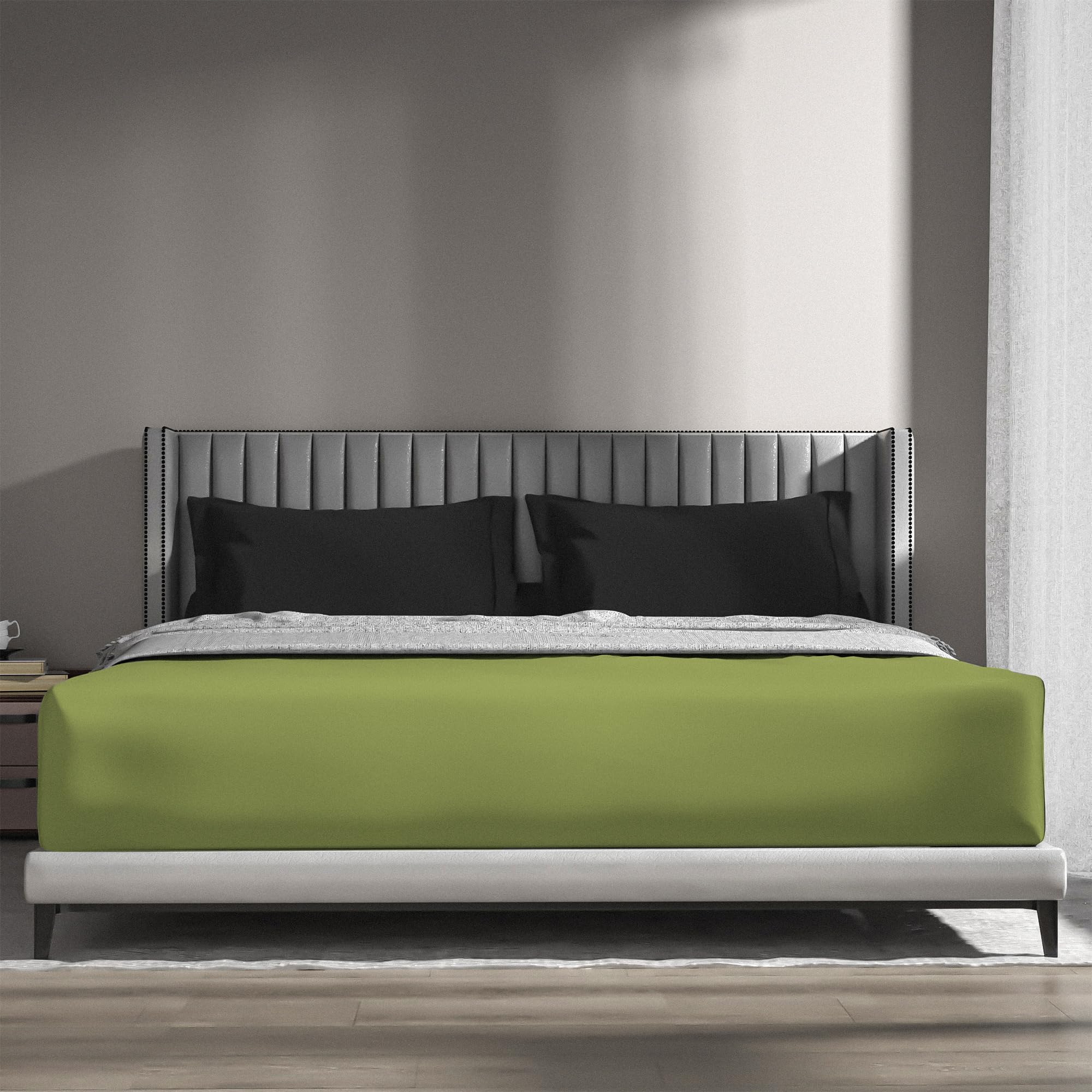 wyewye Double Fitted Sheet, Light Green, 135x190 cm with 40 cm Super Deep Pocket, Microfiber Fabric Bed Fitted Sheets - Image 3