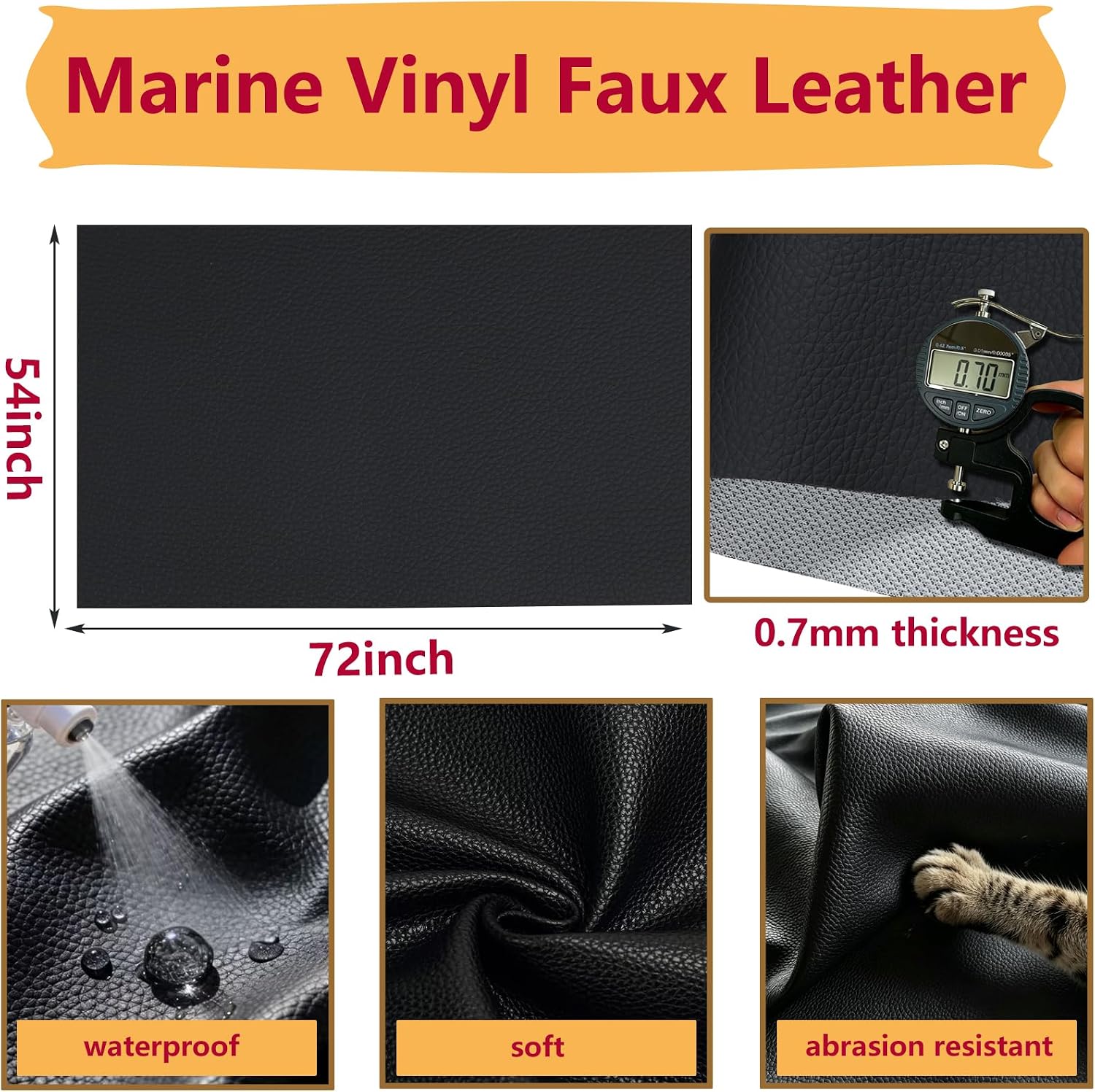 CDY Marine Vinyl Upholstery Fabric: 54"x72" Soft Grain Faux Leather Waterproof Durable - Easy to Cut Marine Vinyl Faux Leather for Boat Car Owners Sofa DIY Upholstery (Black, 2Yard（54"x72"）)