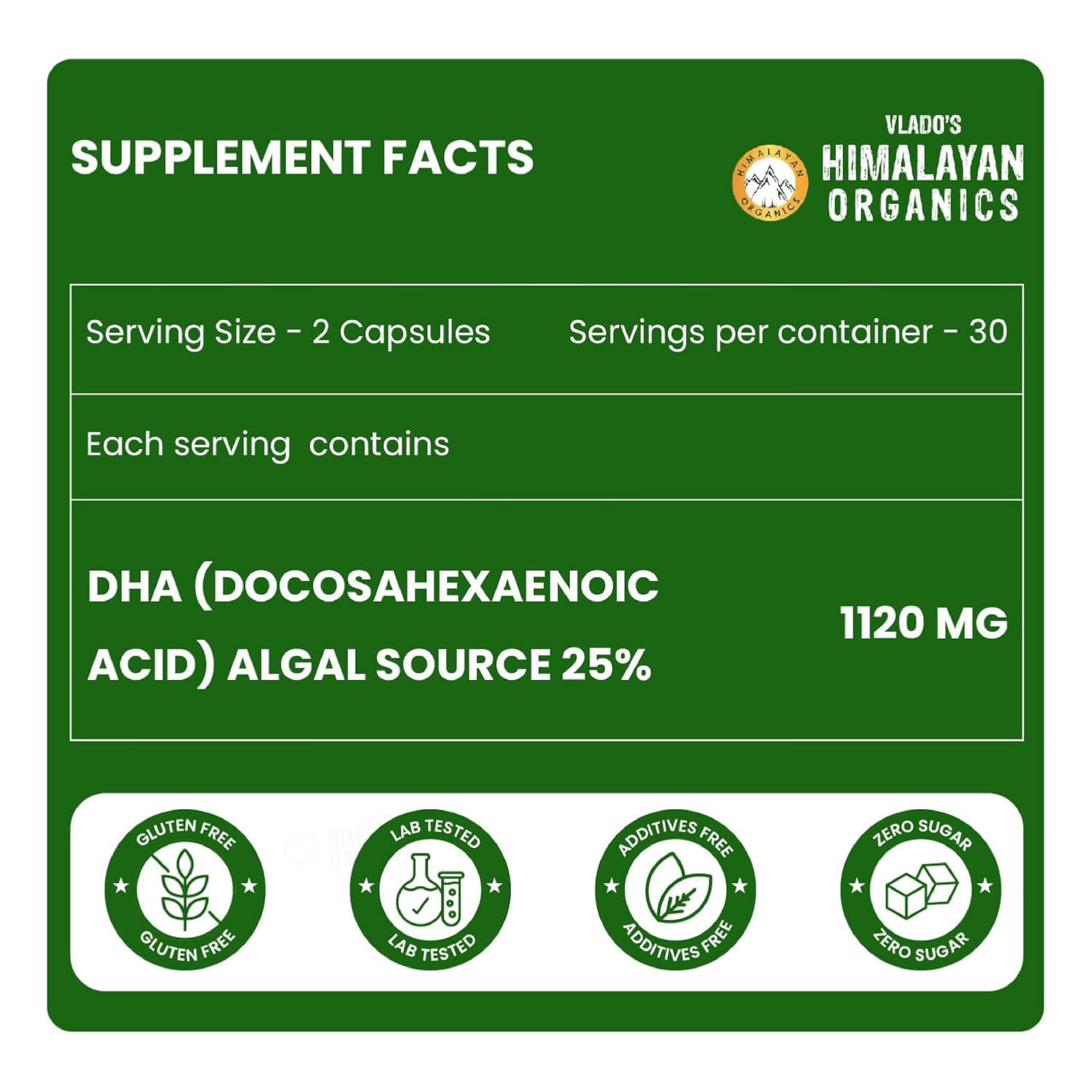 Vlado's Himalayan Organics Vegetarian Omega 3 - 1120 MG Supplement | 3X Strength | Veg DHA | Omega 3 | Algal DHA | Plant Based | No Fish oil Used I Healthy Heart, Joints & Eyes I Omega Capsules for Men & Women- 60 Veg Capsules