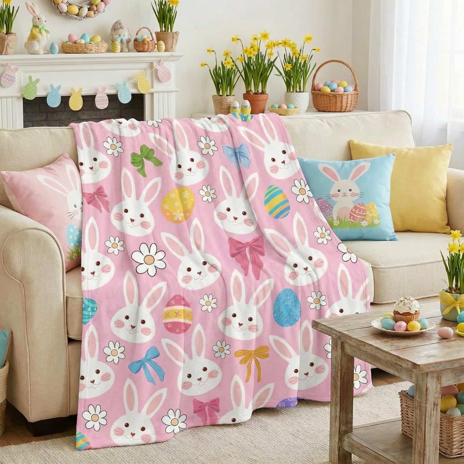 Tegeme 3 Pack Easter Bunny Eggs Blanket 50 x 60 Inch Easter Flannel Throw Blanket, Cute Bunny Rabbit Egg Flower Leaves for Lightweight Soft and Warm Blankets for Sofa Living Room (Multiple)