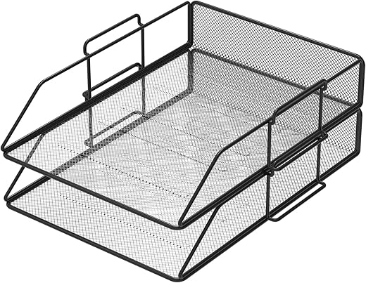 PORTENTUM Set of 2 Metal Mesh Document Trays, A4 Size, Black – Stackable Desk Organizer, Magazine Rack, File and Document Sorter, Mail and Letter