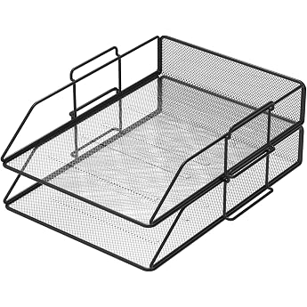 PORTENTUM 2 Pack Metal Mesh Document Trays A4 Black - Stackable Desk Organiser Magazine Holder File Folder and Storage System for Documents Mail and Letters