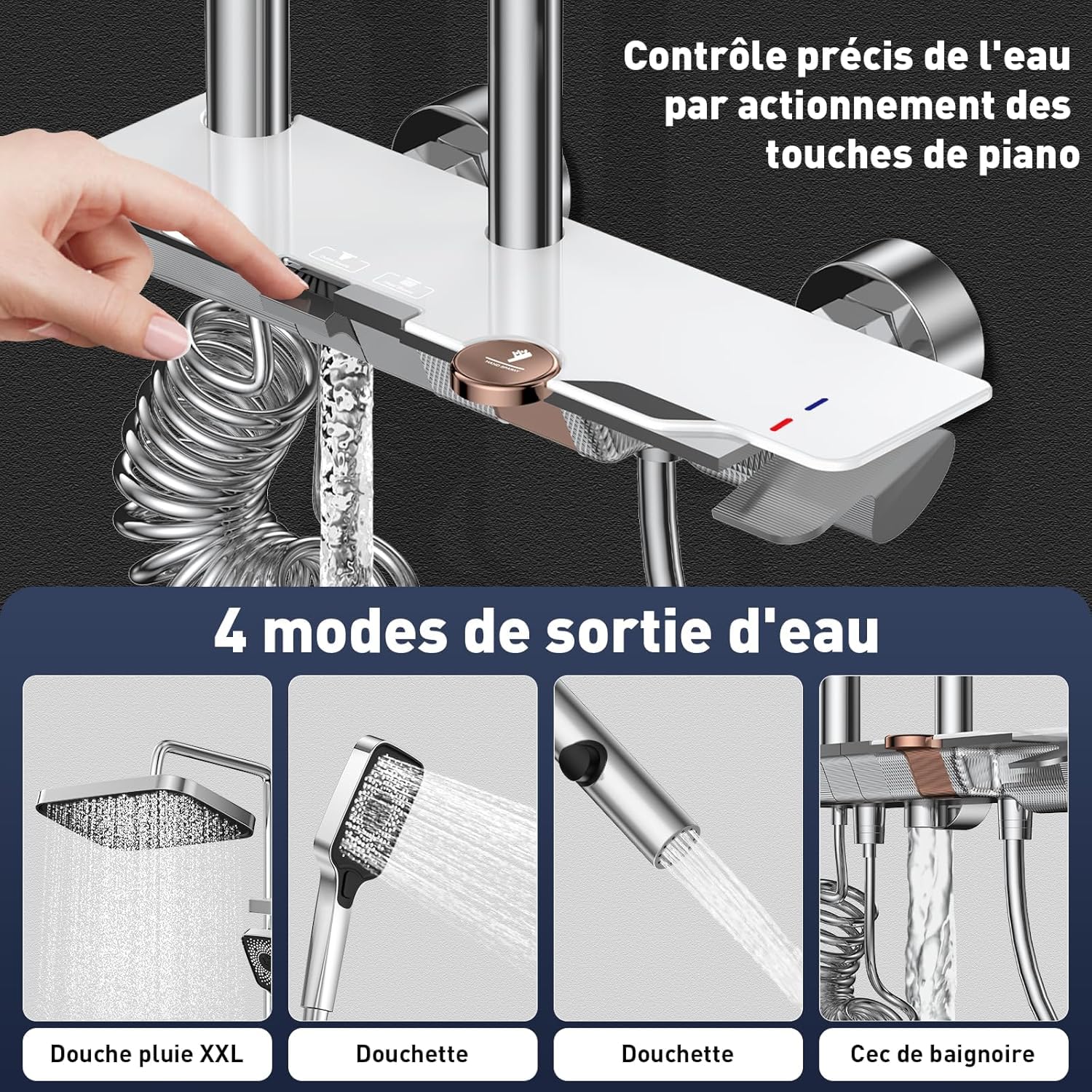Colonne de Douche avec Mitigeur, Ensemble Douche Tête Pluie XXL 31,5cm, Panneau Commande Piano 4 Fonctions, Hauteur Réglable 83-110cm, pour Baignoire et Salle de Bain - Blanc - 3