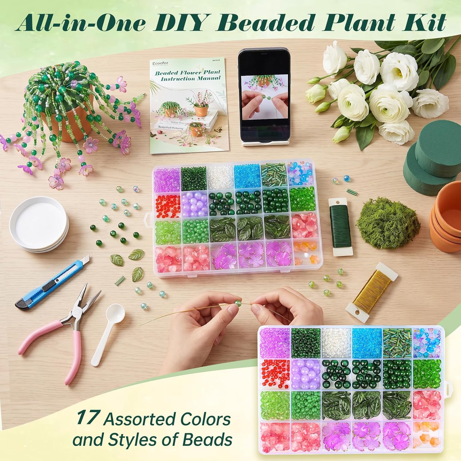 Ecoofor Beaded Plant Kit with 17 Styles of Beads, Flower Beads & Green Glass Crystal Beads, DIY Handmade Beaded Plant Craft Kit with Video Tutorial, Gift for Plant Lovers & Craft Enthusiasts