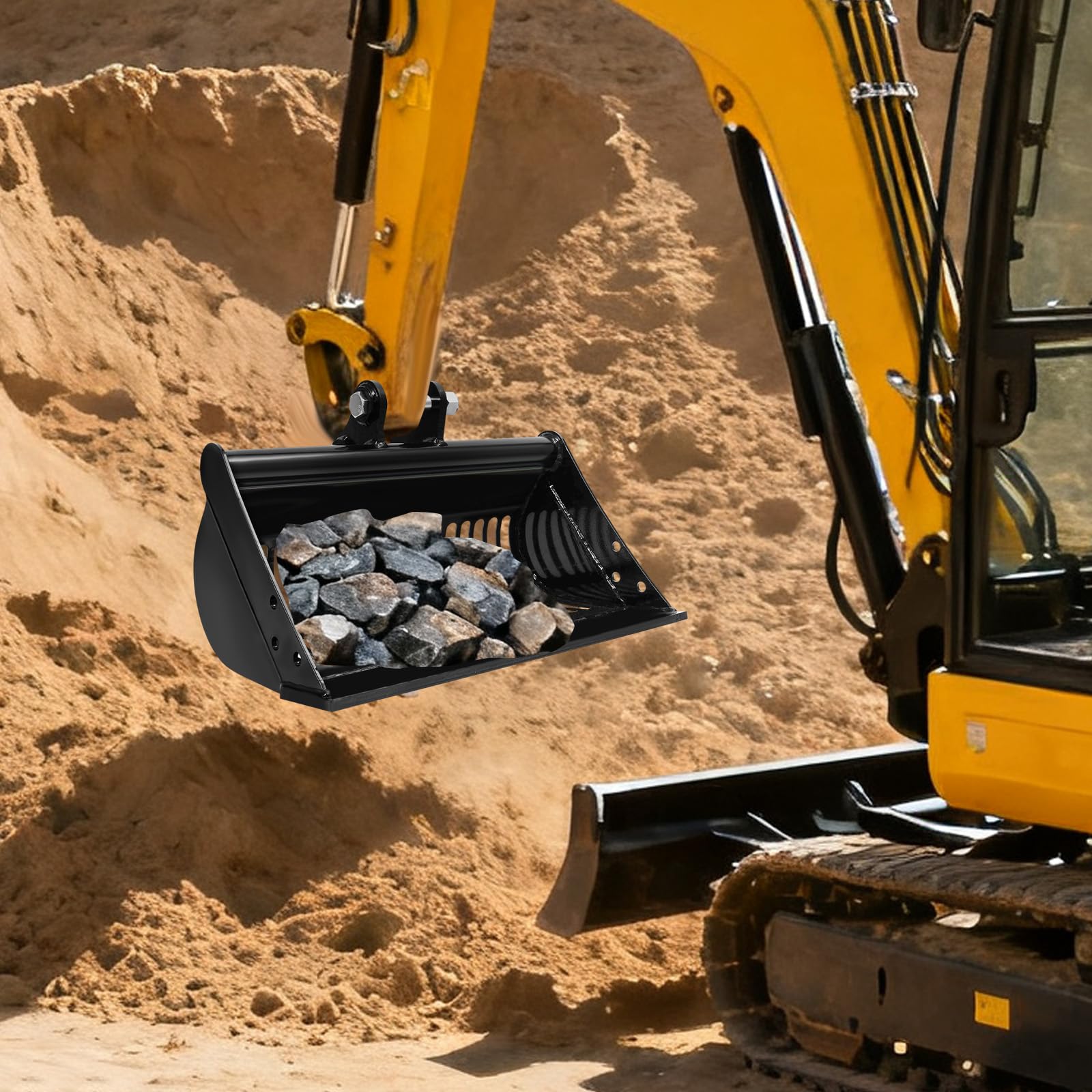 60 cm Siebschaufel für Minibagger, Baggerlöffel aus Stahl, Bodensiebschaufel mit 25 mm Bolzenlöchern für 800–2000 kg Minibagger, Materialsortierung & Erdarbeiten