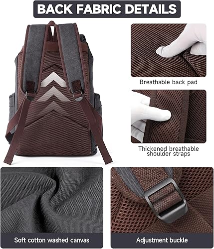 Miniatura 4 de Mochila de lona para hombres y mujeres, mochilas vintage que caben portátiles de 15.6 pulgadas, mochilas casuales para senderismo, viajes, 23l