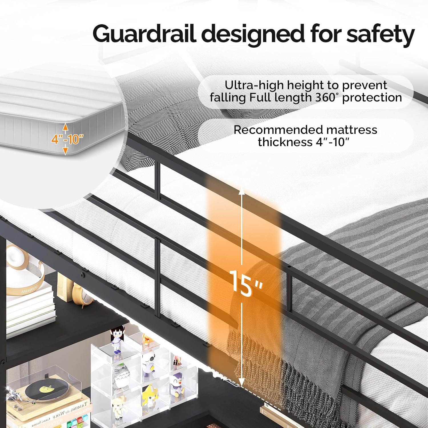 Close-up of 15-inch guardrail and recommended mattress thickness