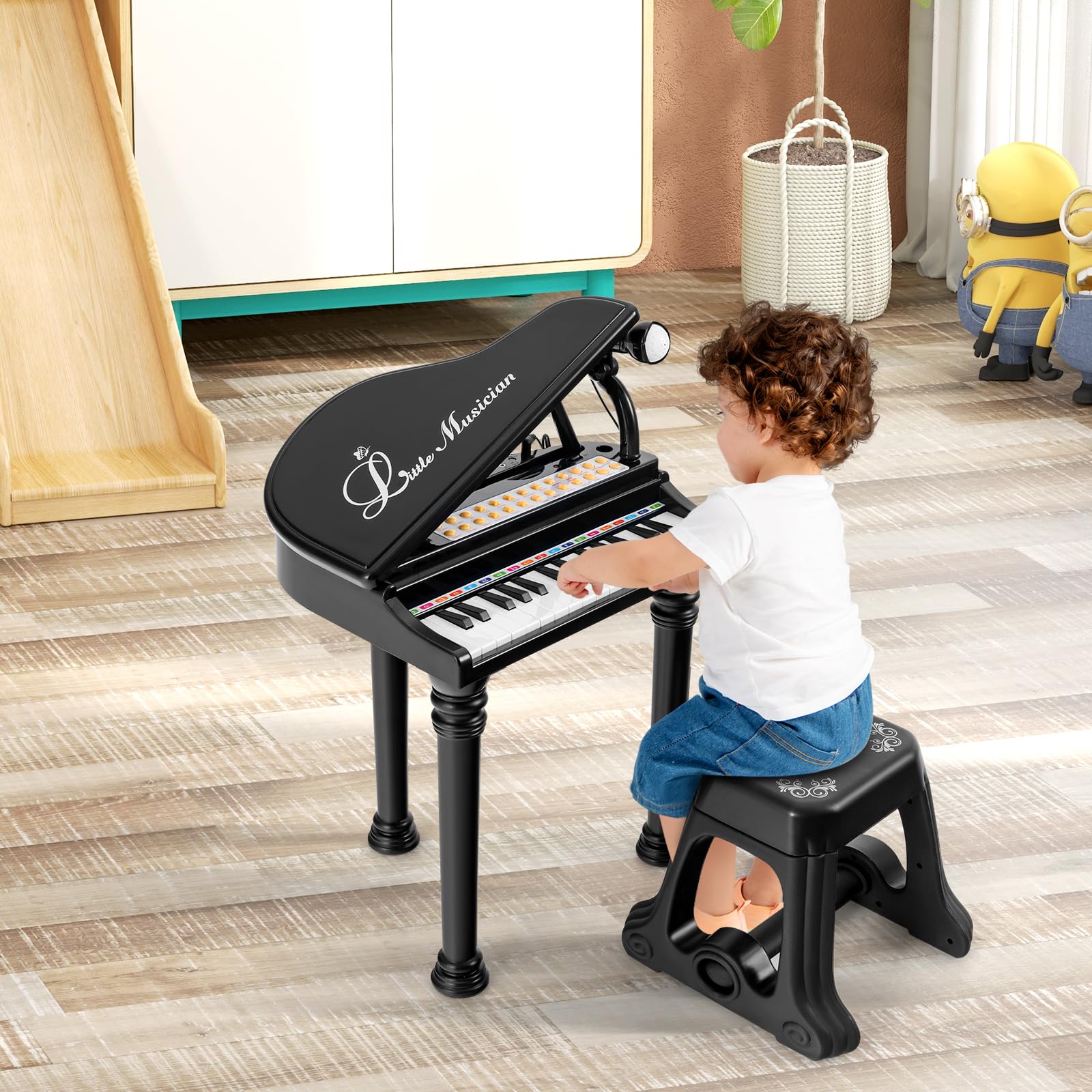 RELAX4LIFE Piano para niños con 31 teclas y taburete, teclado piano electrónico con micrófono ajustable, juguete musical regalo para niños a partir de 3 años (negro)