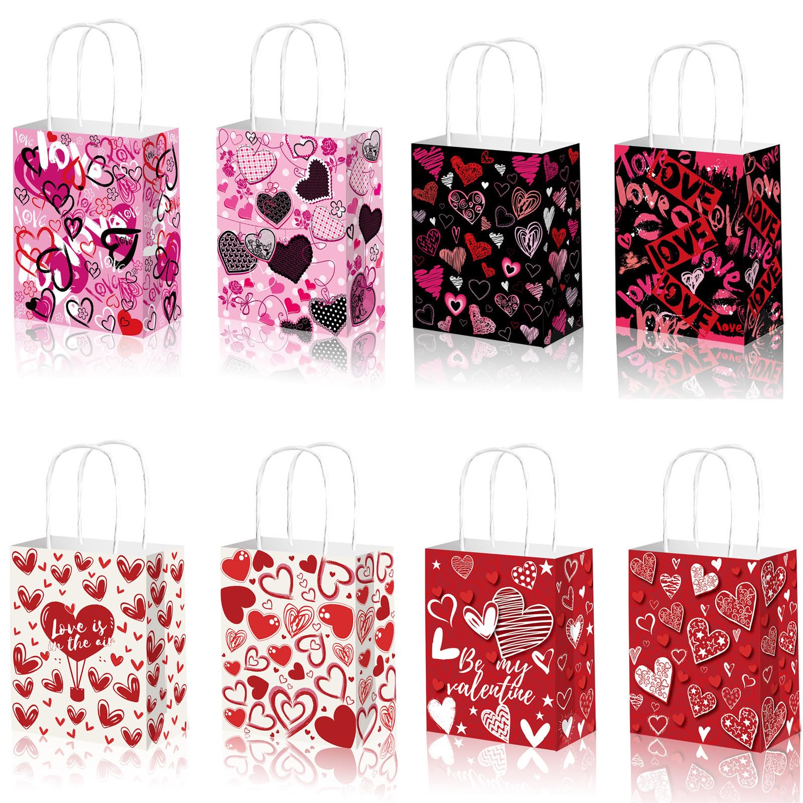KIPETTO Valentines Gift Bags 12Pcs Valentines Day Paper Bags with Handles Love Heart Shaped Treat Goodies Bag for Valentines Day Party Favors Class Baggies Pouch