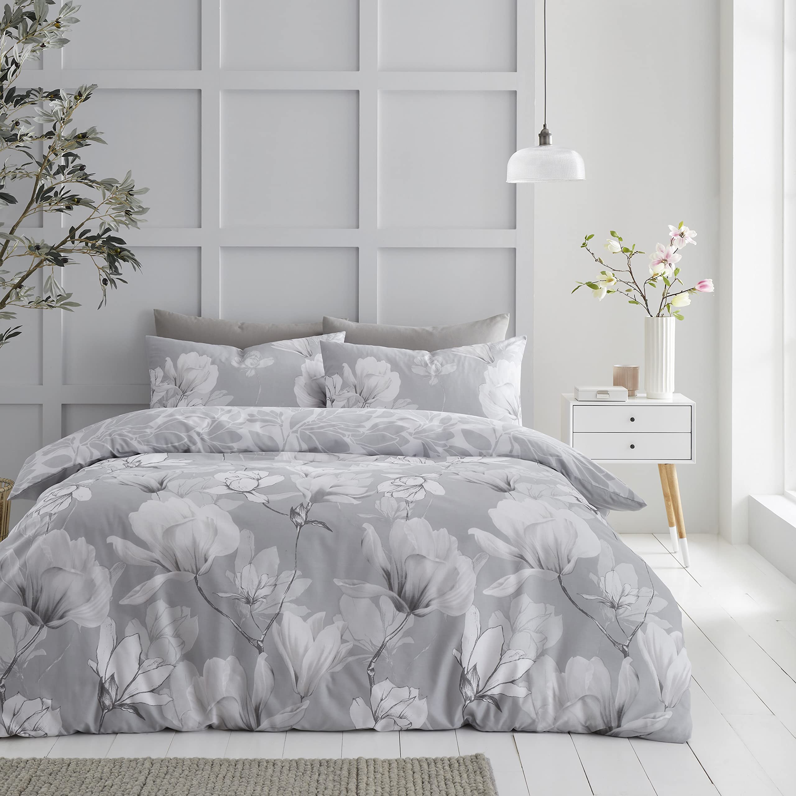 Gc Gaveno Cavailia Magnolia Dream - Grey Magnolia Flower Printed Quilt Covers With Pillowcases, Floral King Size Duvet Cover Set, Reversible Botanical Bedding, Grey