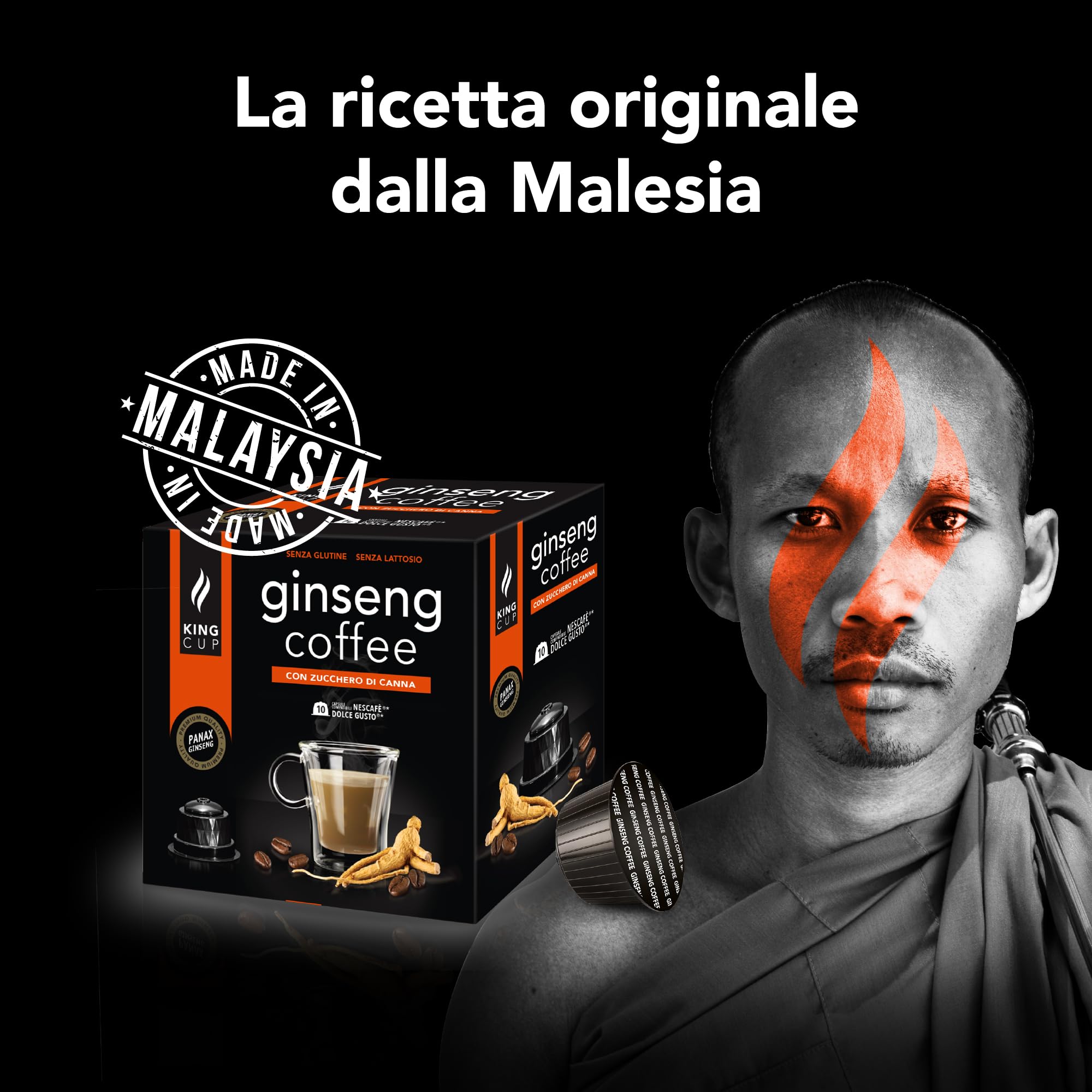 King Cup - 1 Confezione da 10 Capsule di Ginseng con Zucchero di Canna, 10 Capsule 100% Compatibili con Sistema Nescafè Dolce Gusto di Bevanda al Gusto di Ginseng, Senza Glutine e Senza Lattosio